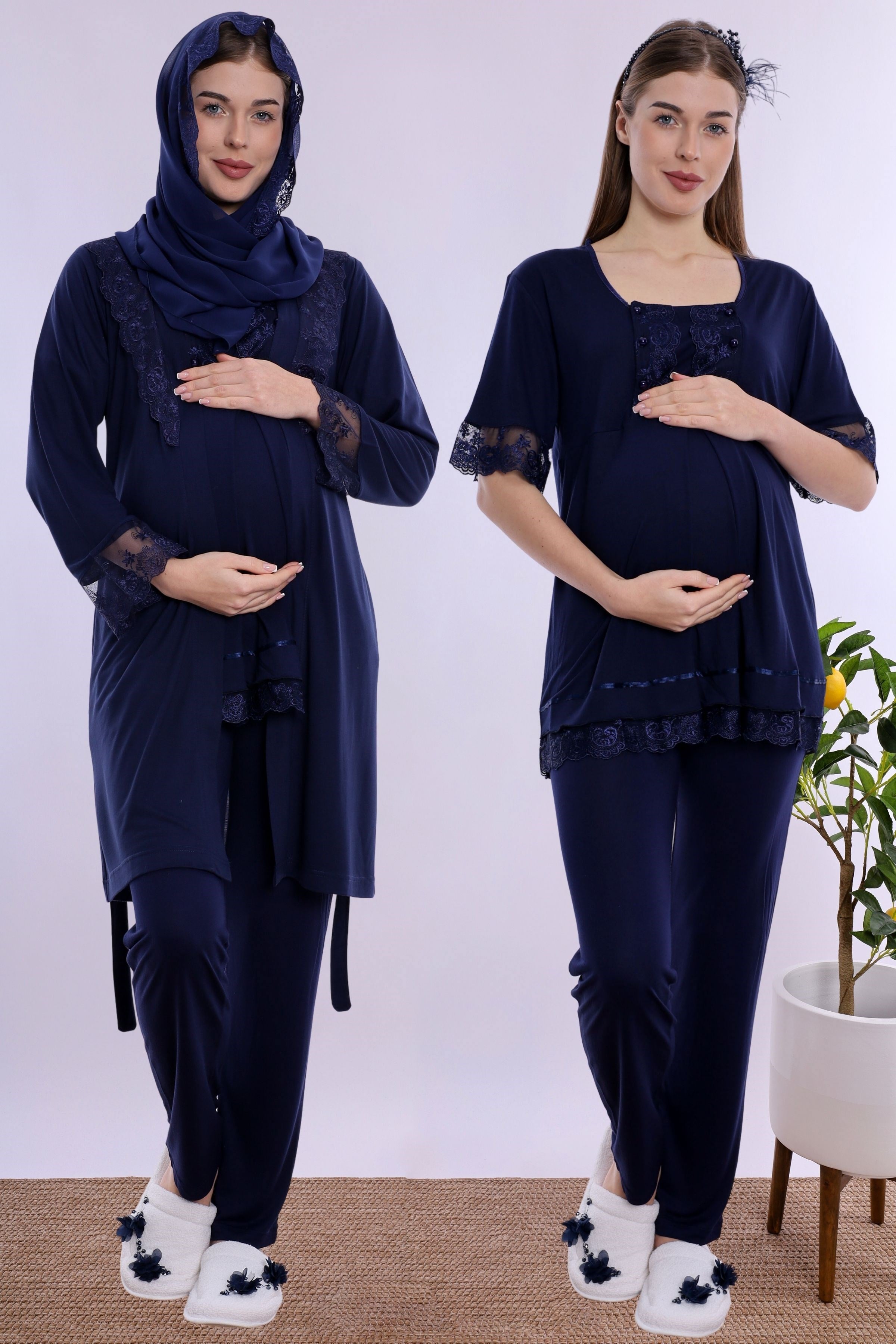 2T60342 Tesettürlü Rahat Kesim Emzirme Özellikli Sabahlıklı Hamile Lohusa Pijama Takımı  - Lacivert