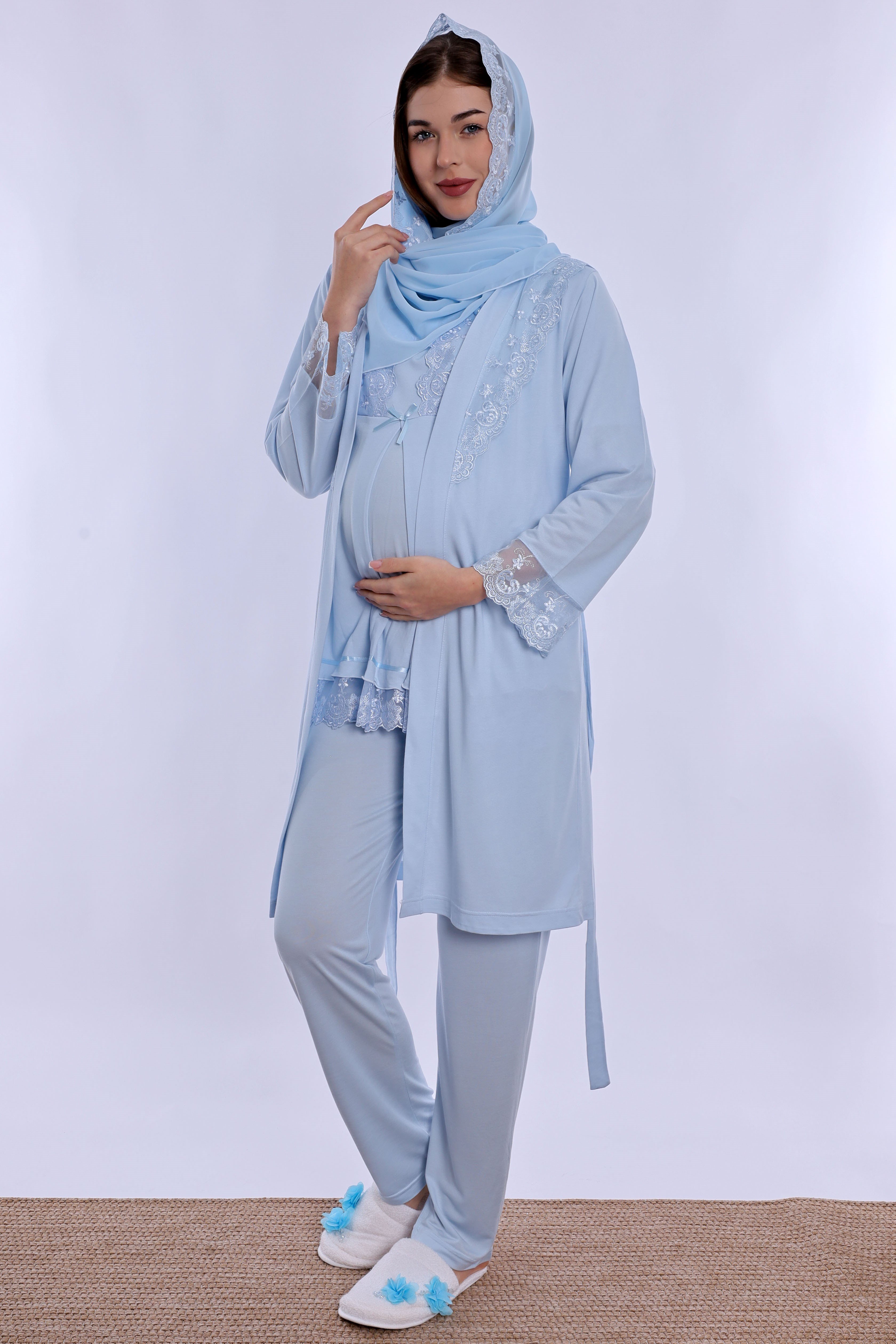 2T60342 Tesettürlü Rahat Kesim Emzirme Özellikli Sabahlıklı Hamile Lohusa Pijama Takımı  - Mavi