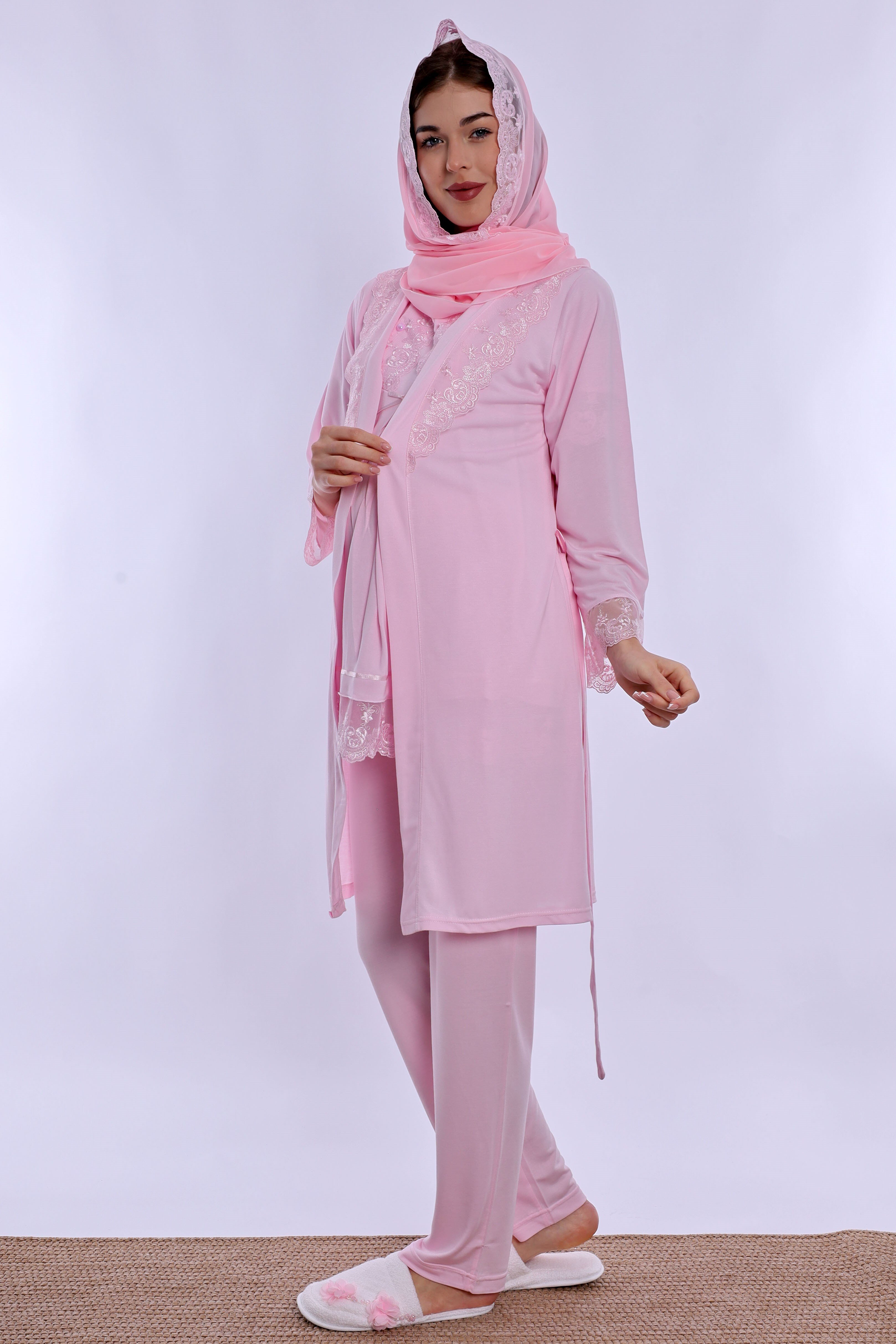 2T60342 Tesettürlü Rahat Kesim Emzirme Özellikli Sabahlıklı Hamile Lohusa Pijama Takımı  - Pembe