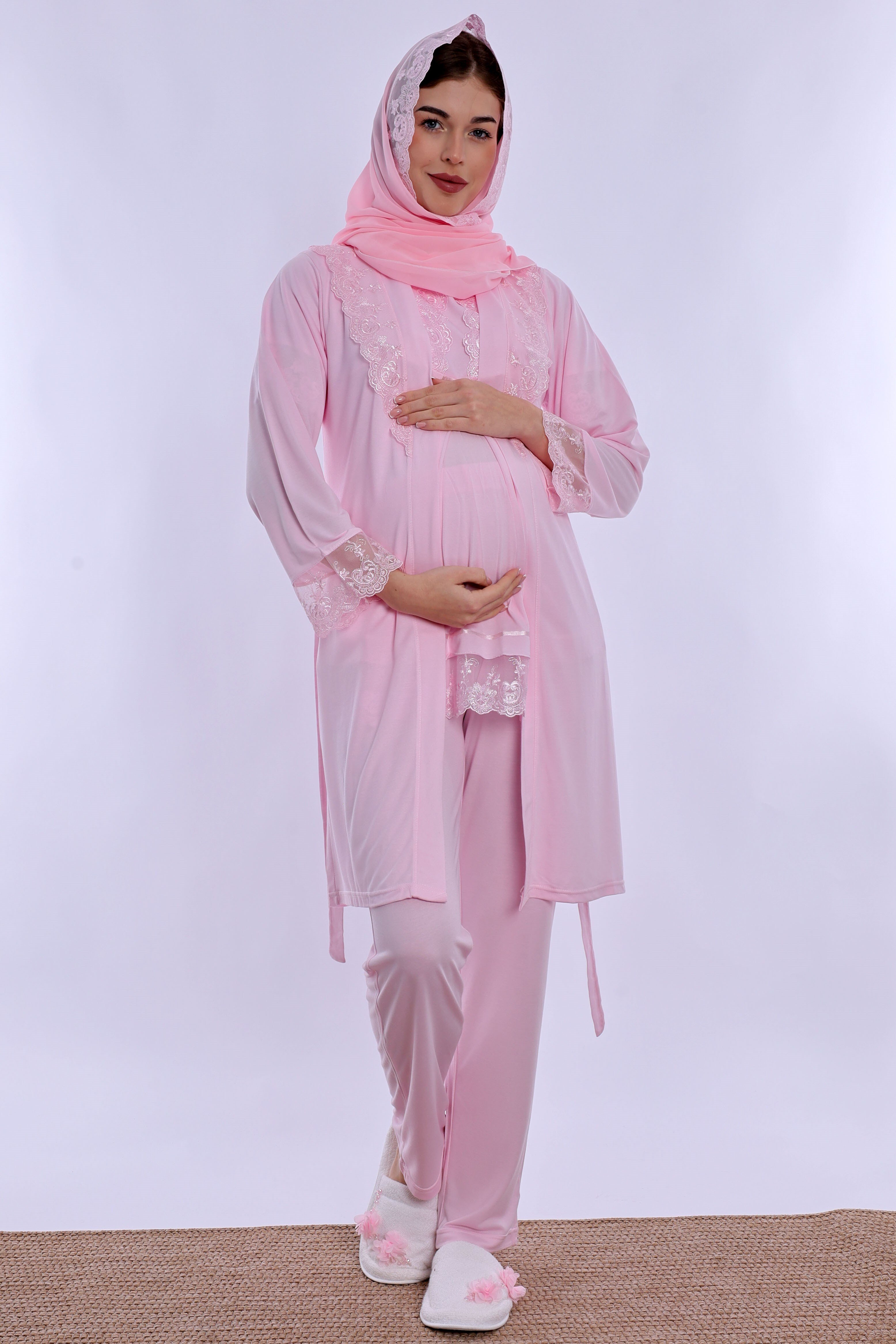 2T60342 Tesettürlü Rahat Kesim Emzirme Özellikli Sabahlıklı Hamile Lohusa Pijama Takımı  - Pembe