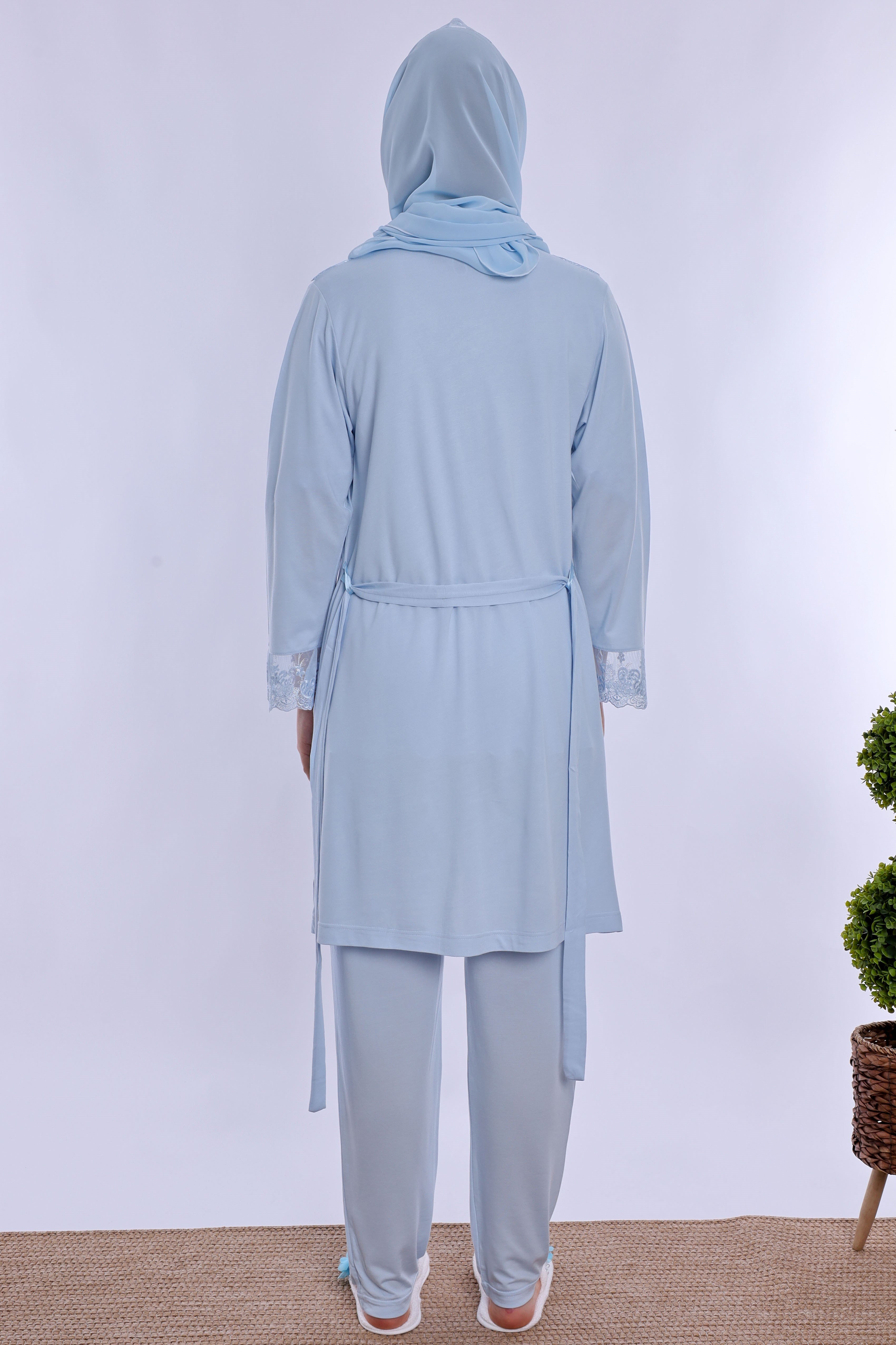 2T60342 Tesettürlü Rahat Kesim Emzirme Özellikli Sabahlıklı Hamile Lohusa Pijama Takımı  - Mavi