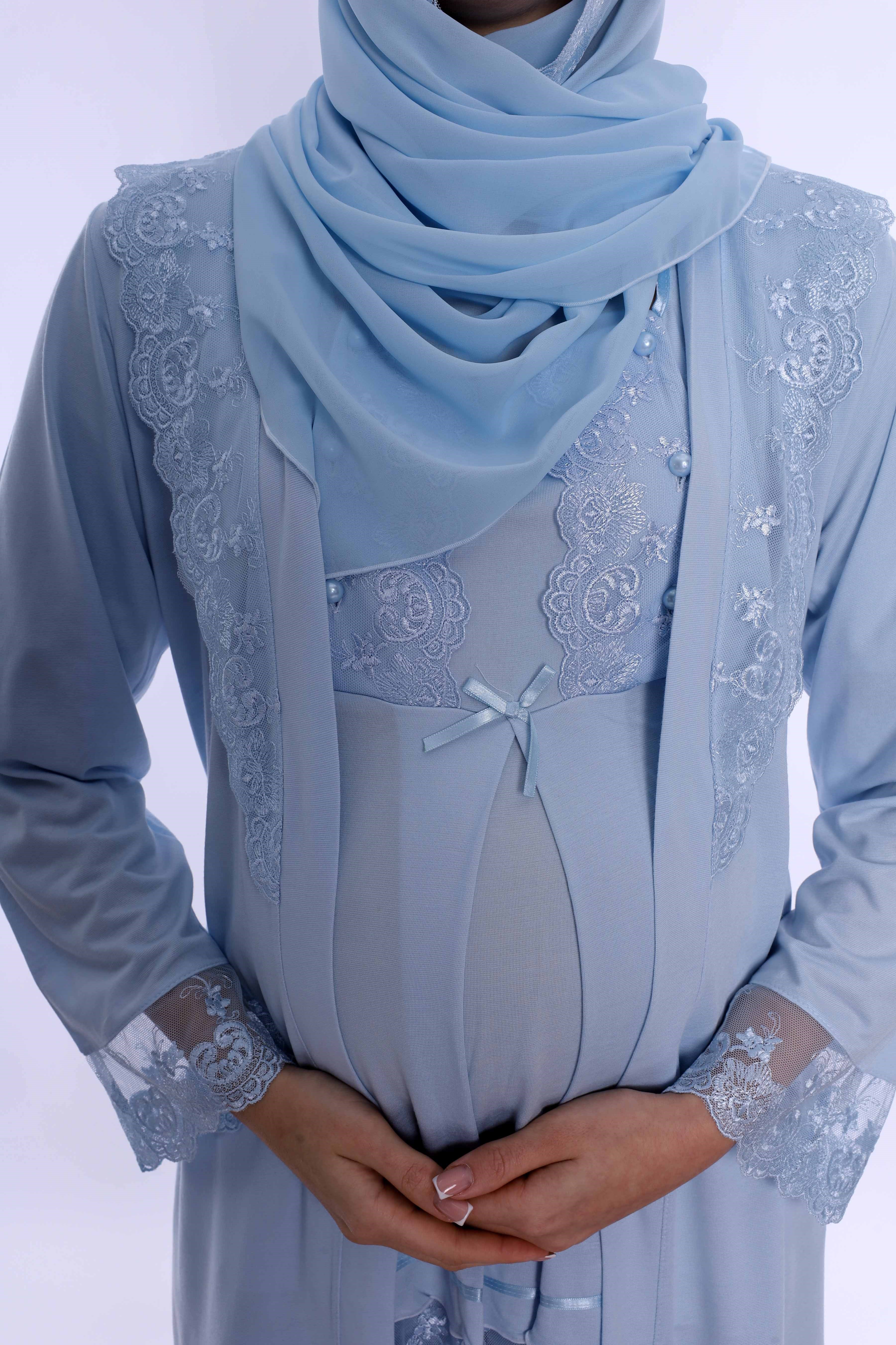 2T60342 Tesettürlü Rahat Kesim Emzirme Özellikli Sabahlıklı Hamile Lohusa Pijama Takımı  - Mavi