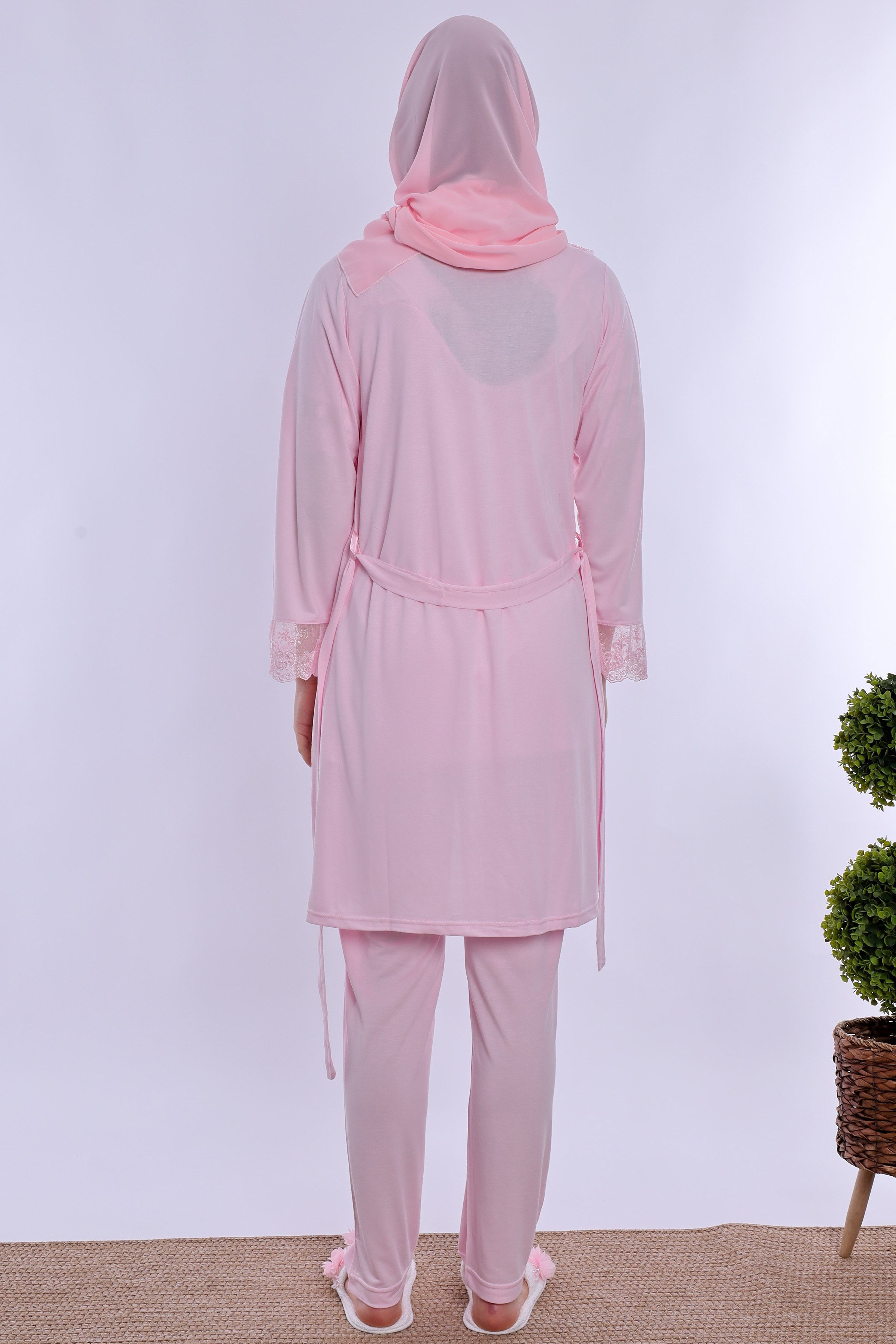 2T60342 Tesettürlü Rahat Kesim Emzirme Özellikli Sabahlıklı Hamile Lohusa Pijama Takımı  - Pembe