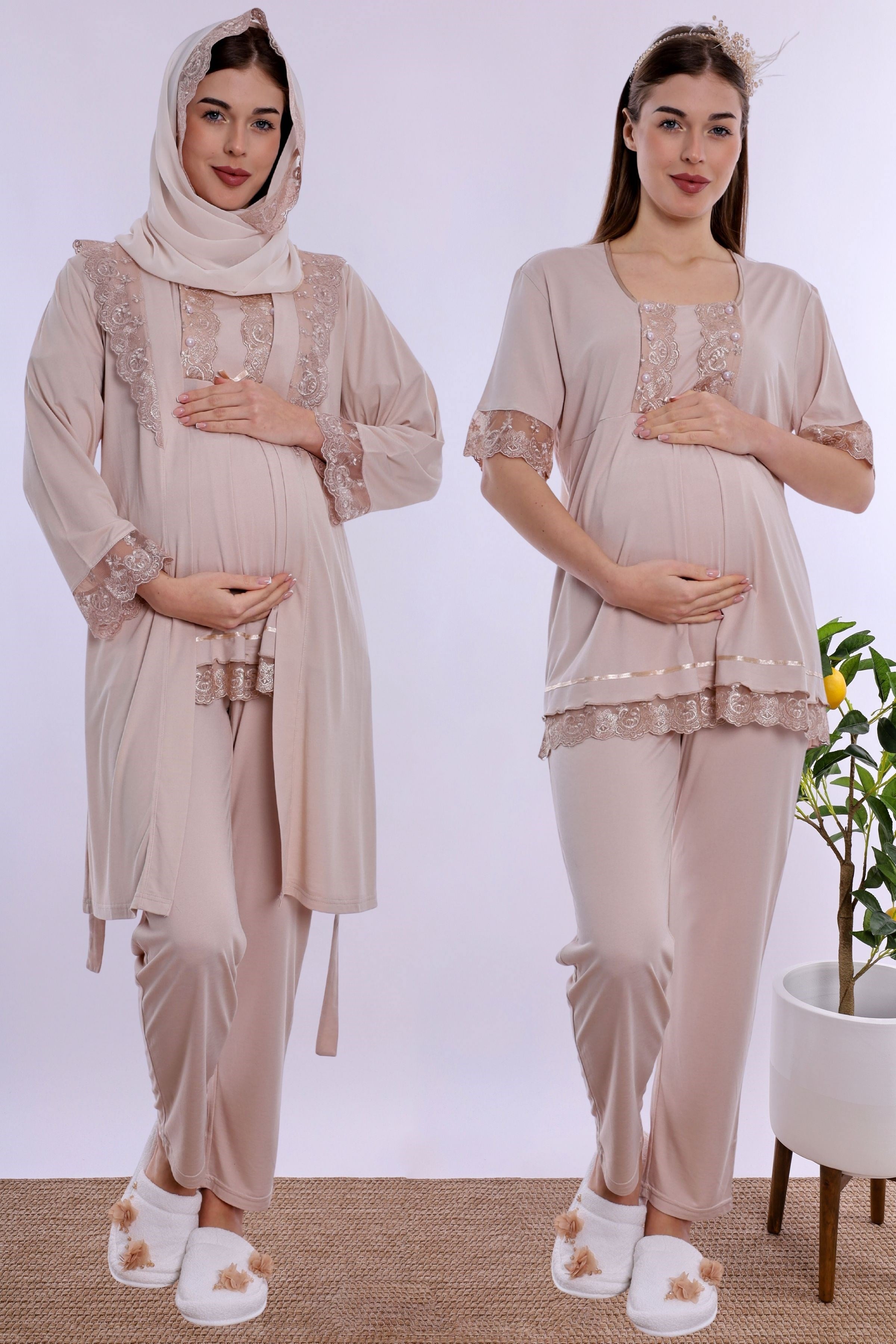 2T60342 Tesettürlü Rahat Kesim Emzirme Özellikli Sabahlıklı Hamile Lohusa Pijama Takımı  - Bej