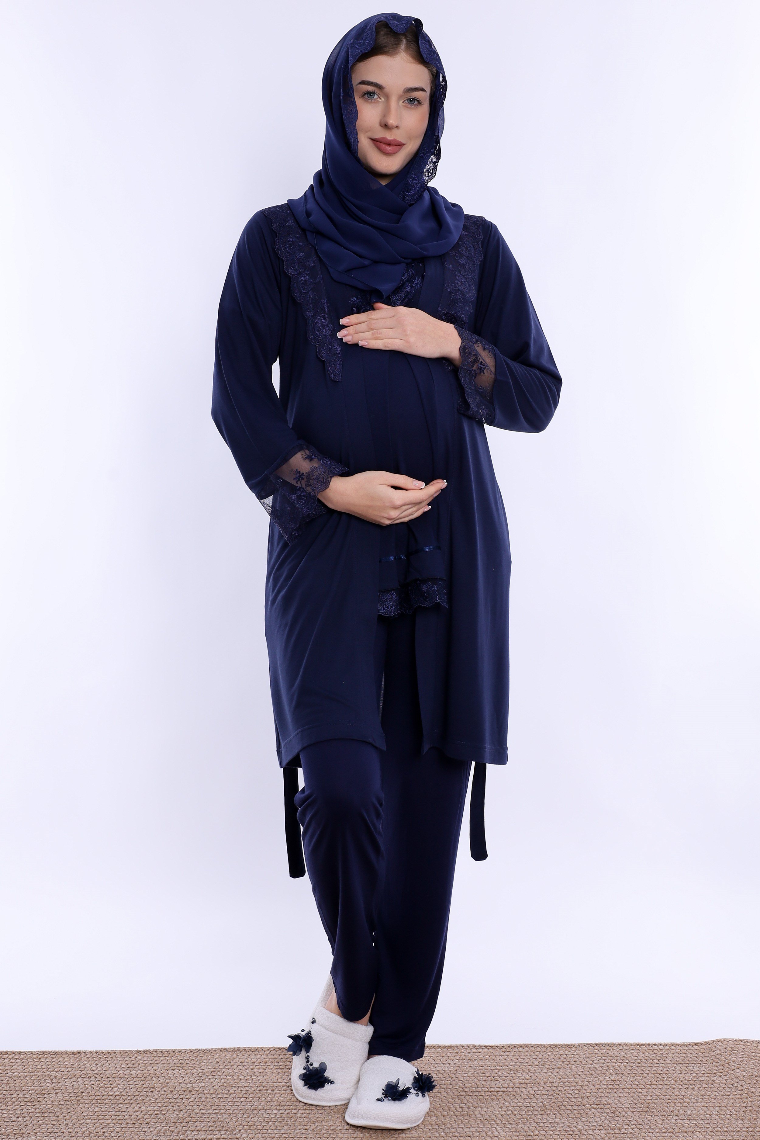 2T60342 Tesettürlü Rahat Kesim Emzirme Özellikli Sabahlıklı Hamile Lohusa Pijama Takımı  - Lacivert
