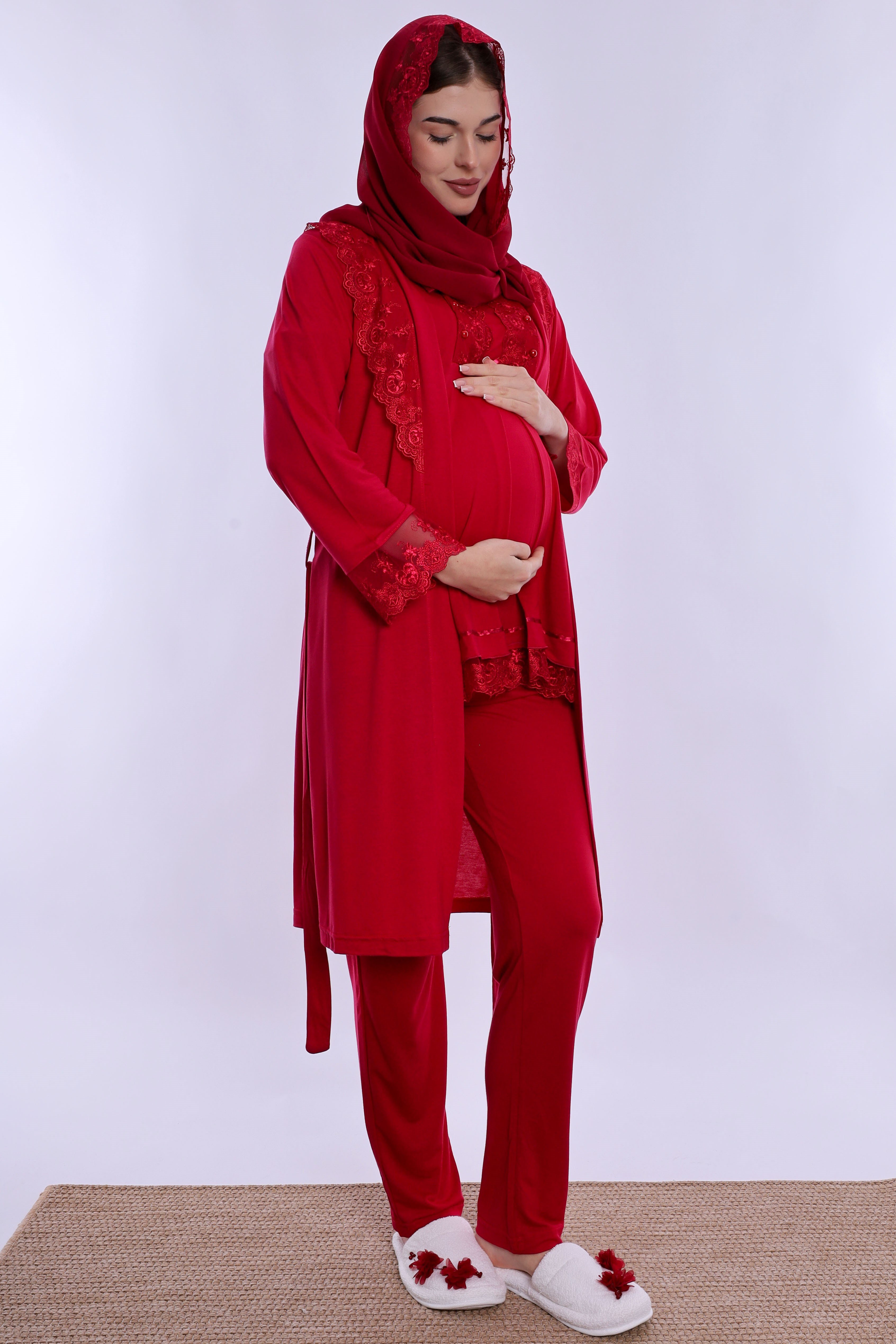 2T60342 Tesettürlü Rahat Kesim Emzirme Özellikli Sabahlıklı Hamile Lohusa Pijama Takımı  - Vişne