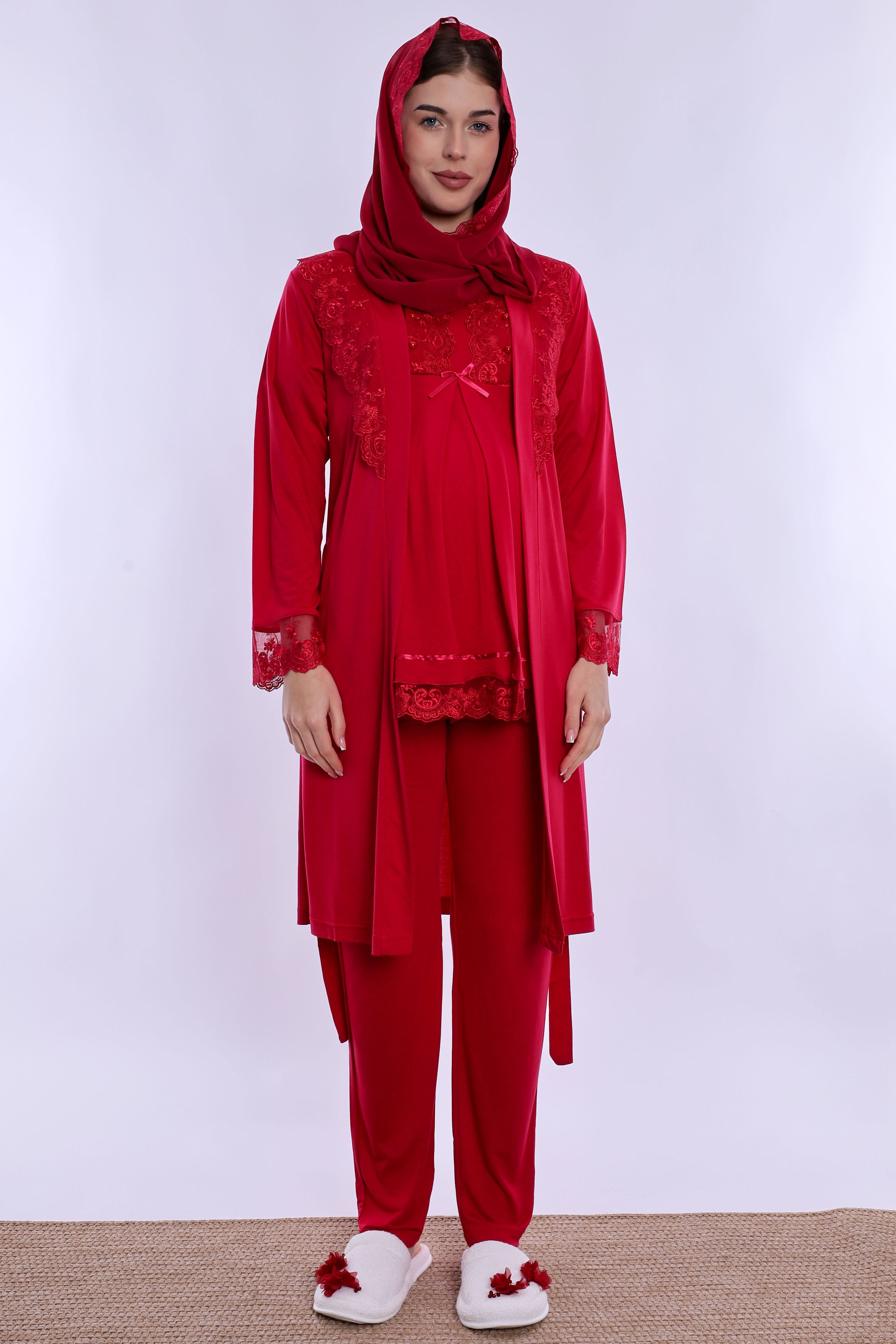 2T60342 Tesettürlü Rahat Kesim Emzirme Özellikli Sabahlıklı Hamile Lohusa Pijama Takımı  - Vişne
