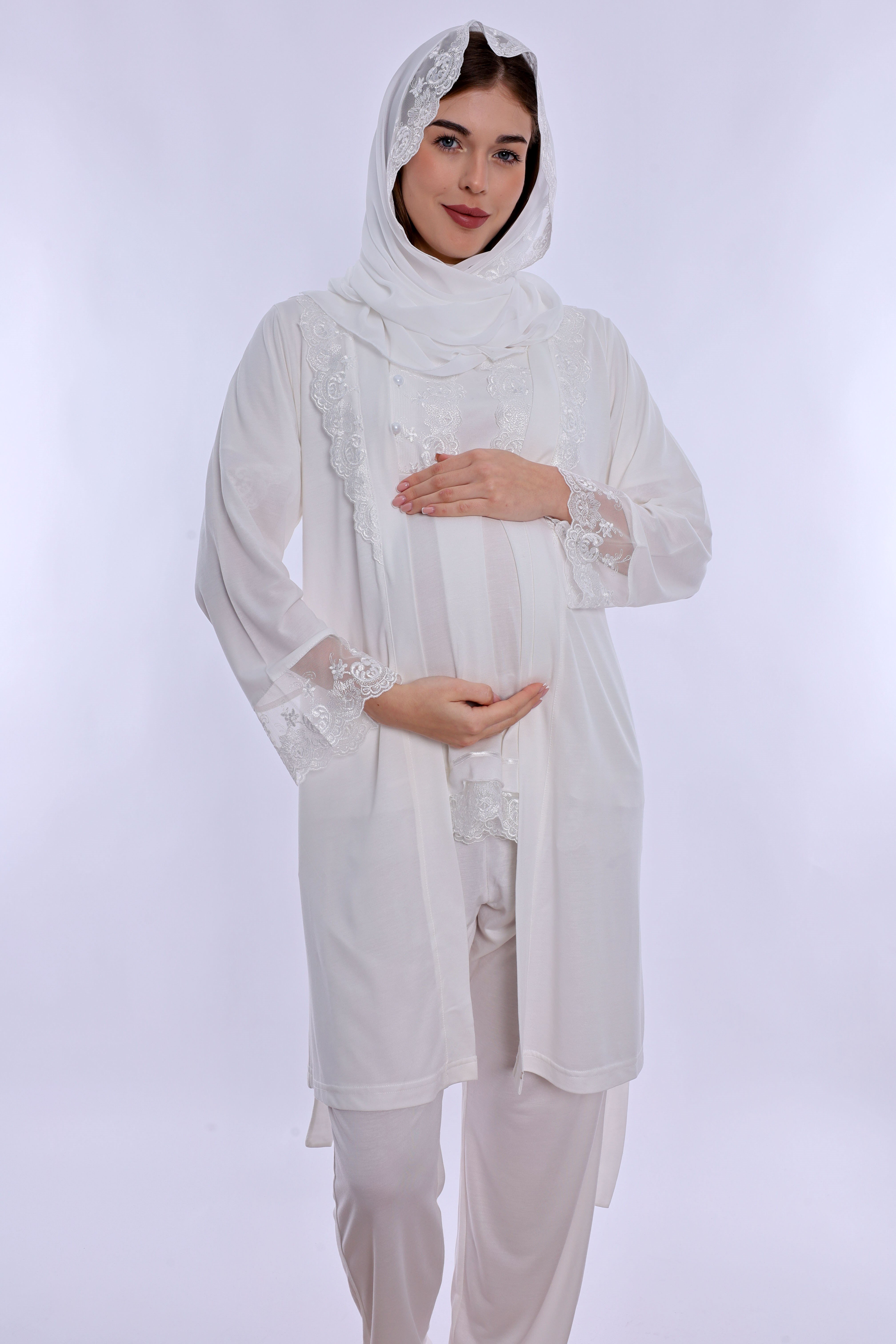 2T60342 Tesettürlü Rahat Kesim Emzirme Özellikli Sabahlıklı Hamile Lohusa Pijama Takımı  - Ekru