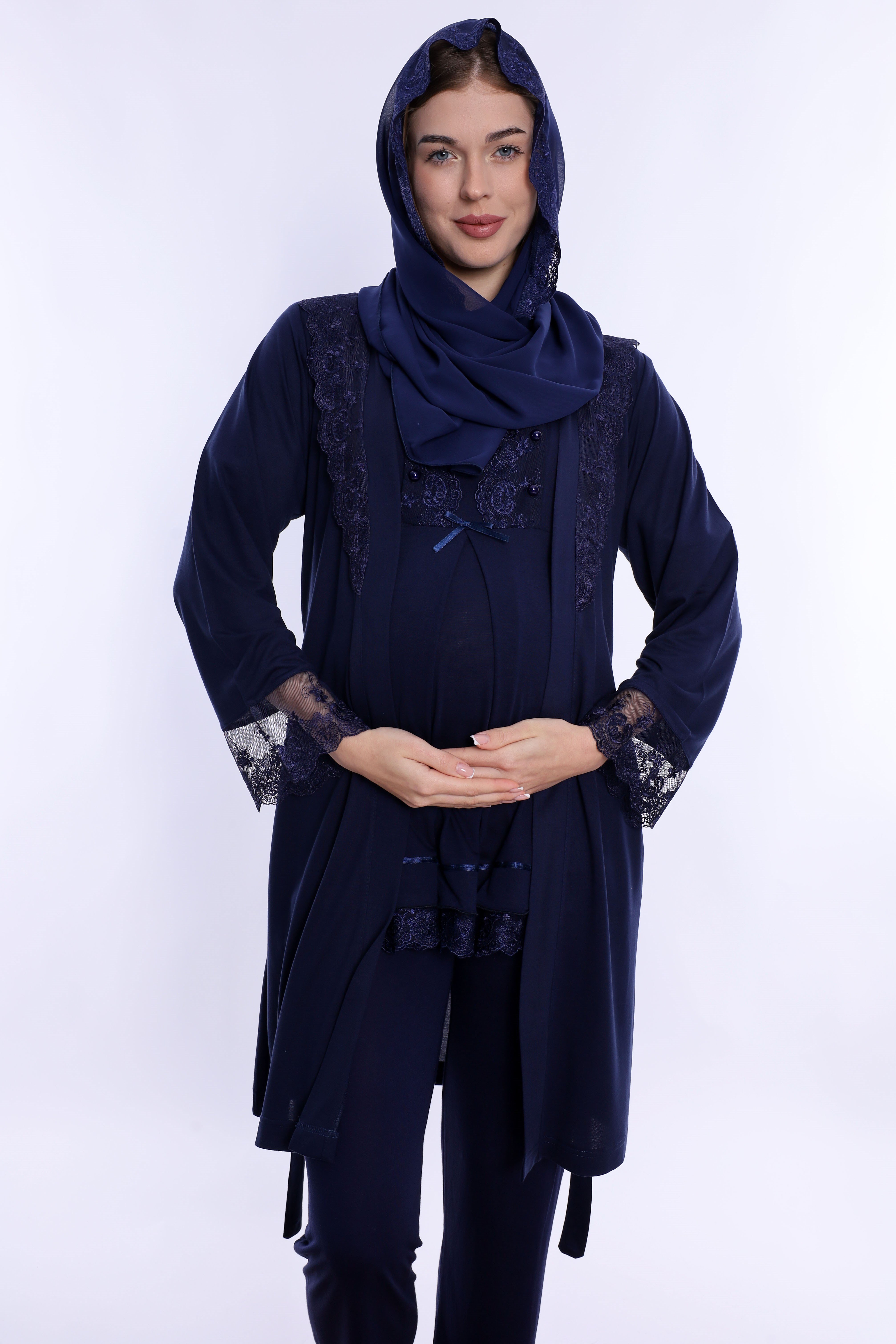 2T60342 Tesettürlü Rahat Kesim Emzirme Özellikli Sabahlıklı Hamile Lohusa Pijama Takımı  - Lacivert
