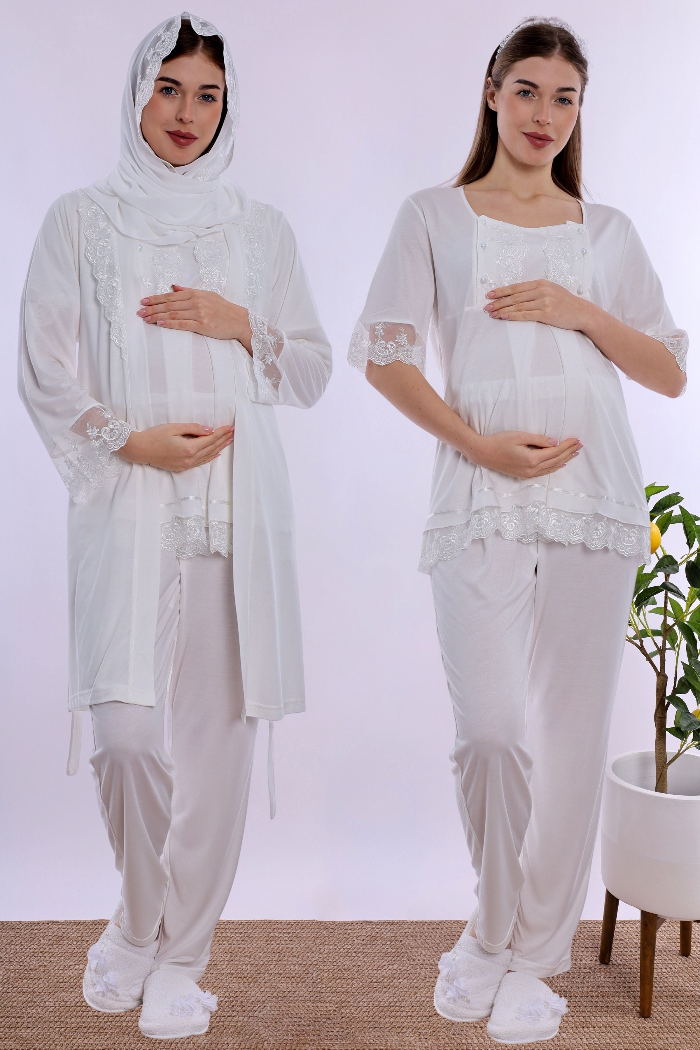 2T60342 Tesettürlü Rahat Kesim Emzirme Özellikli Sabahlıklı Hamile Lohusa Pijama Takımı  - Ekru