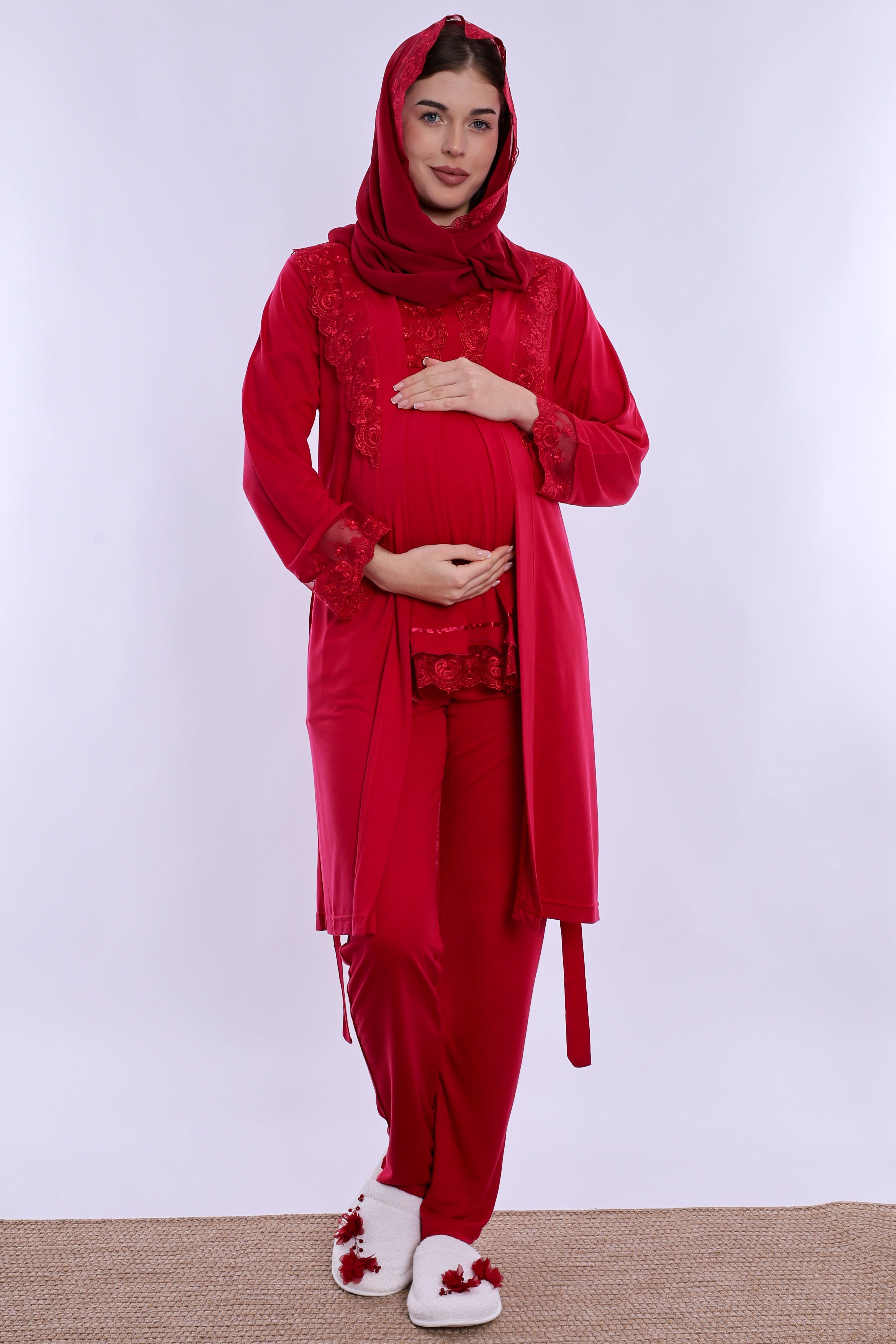 2T60342 Tesettürlü Rahat Kesim Emzirme Özellikli Sabahlıklı Hamile Lohusa Pijama Takımı  - Vişne