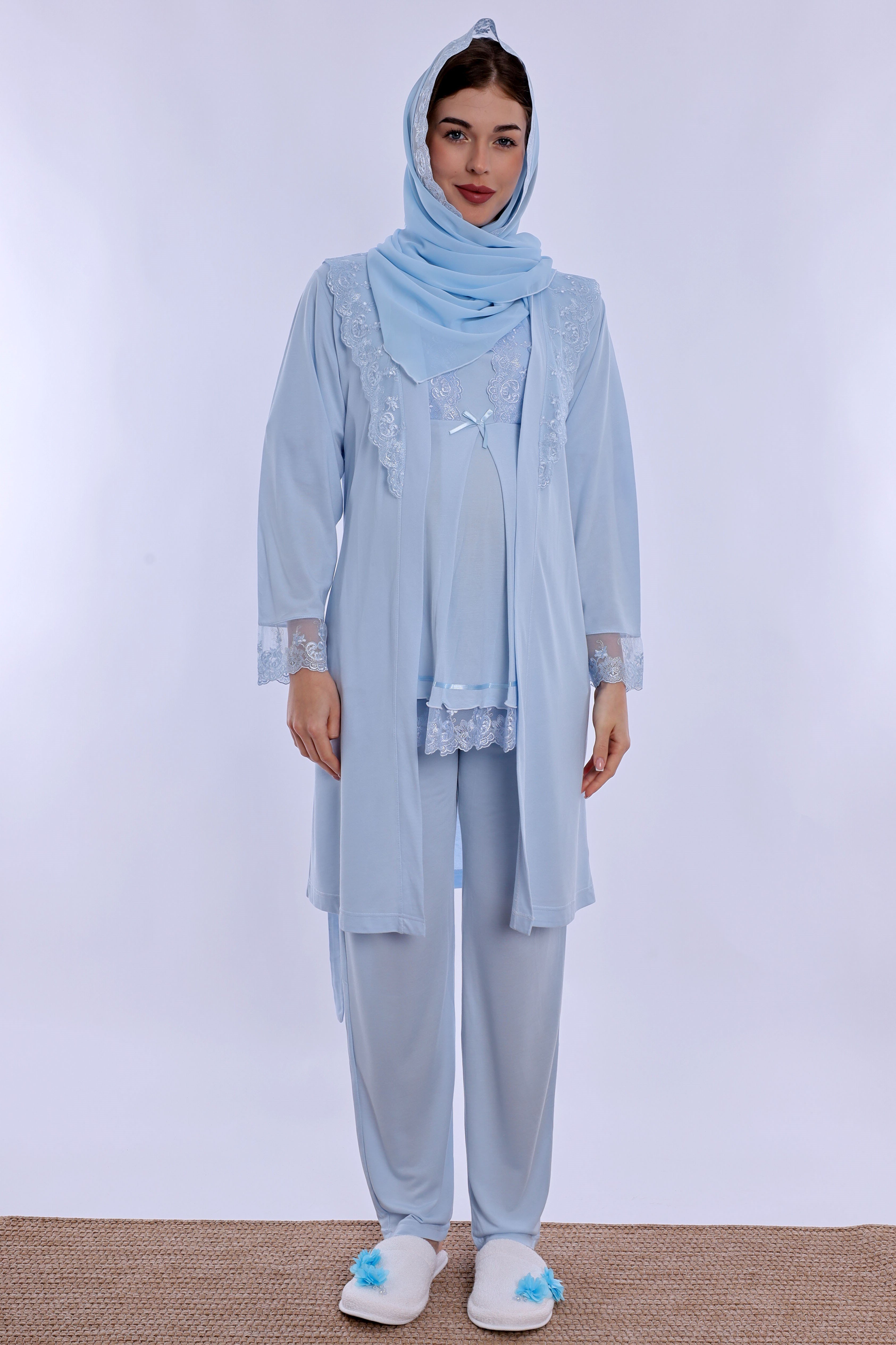 2T60342 Tesettürlü Rahat Kesim Emzirme Özellikli Sabahlıklı Hamile Lohusa Pijama Takımı  - Mavi