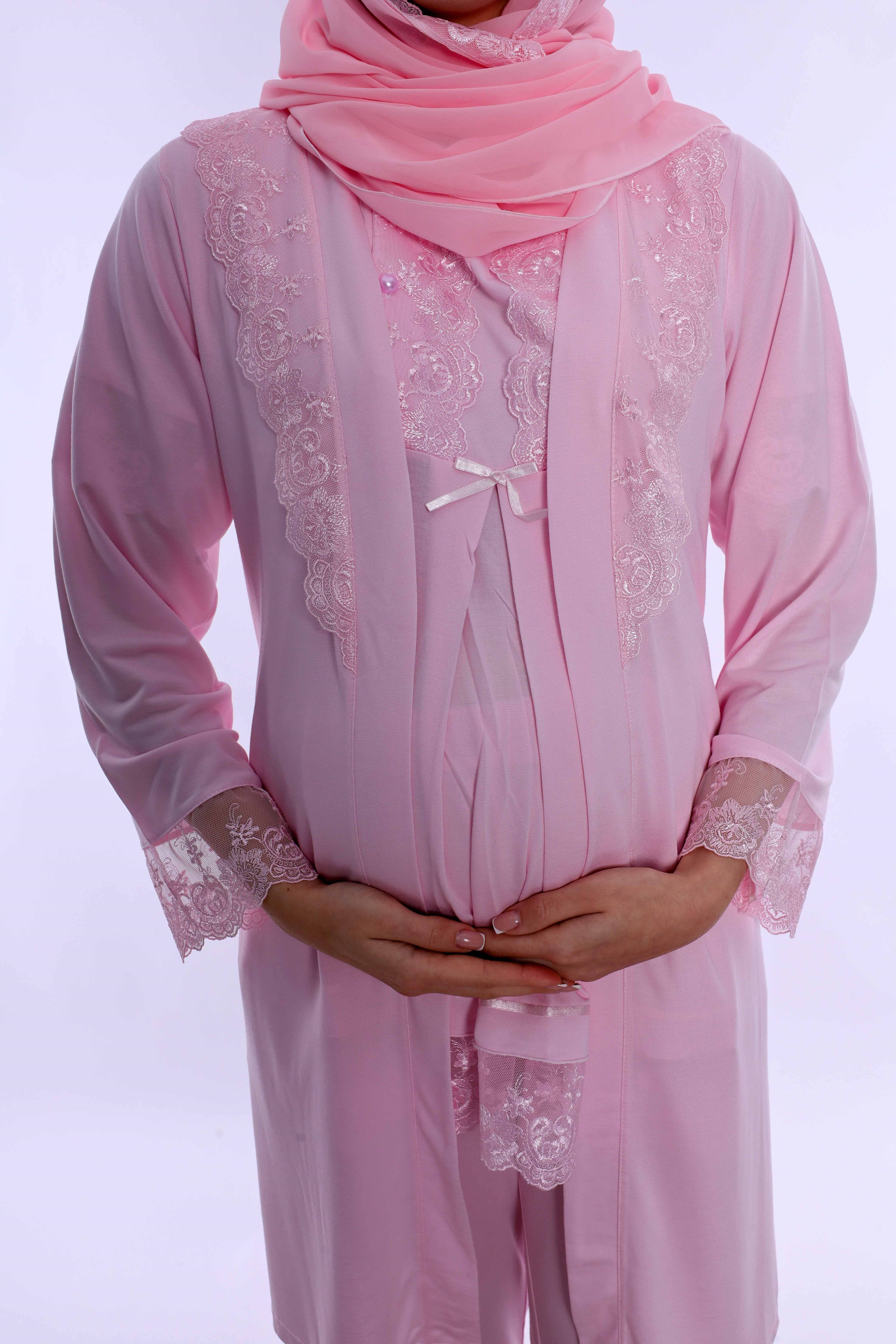 2T60342 Tesettürlü Rahat Kesim Emzirme Özellikli Sabahlıklı Hamile Lohusa Pijama Takımı  - Pembe