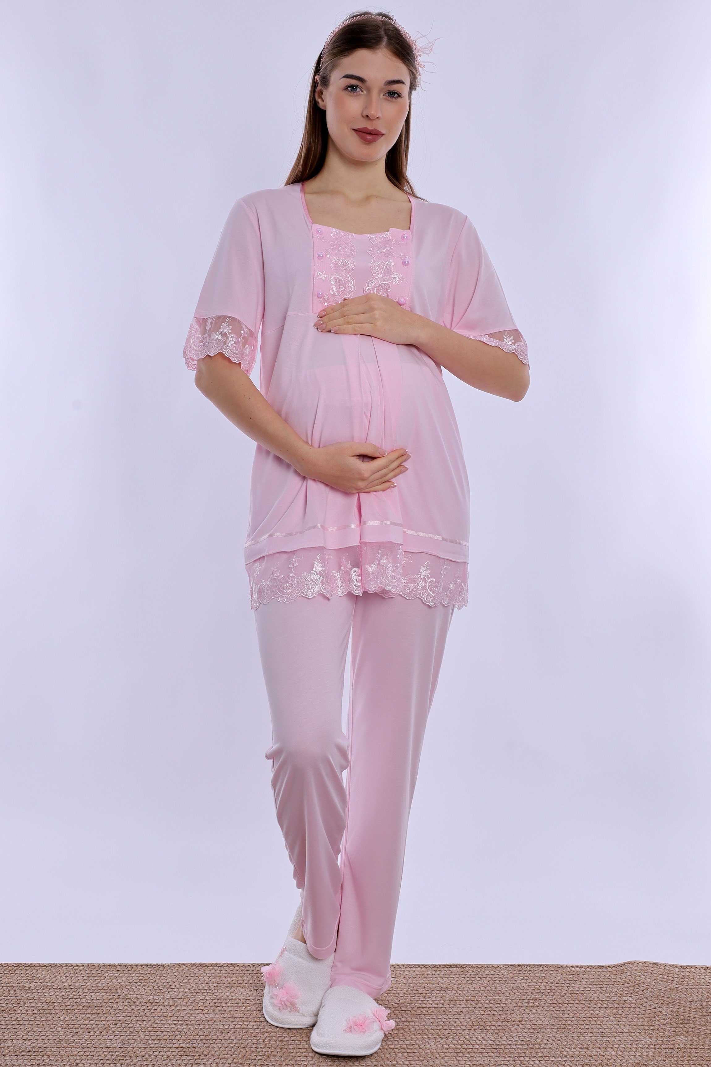 2T60342 Tesettürlü Rahat Kesim Emzirme Özellikli Sabahlıklı Hamile Lohusa Pijama Takımı  - Pembe