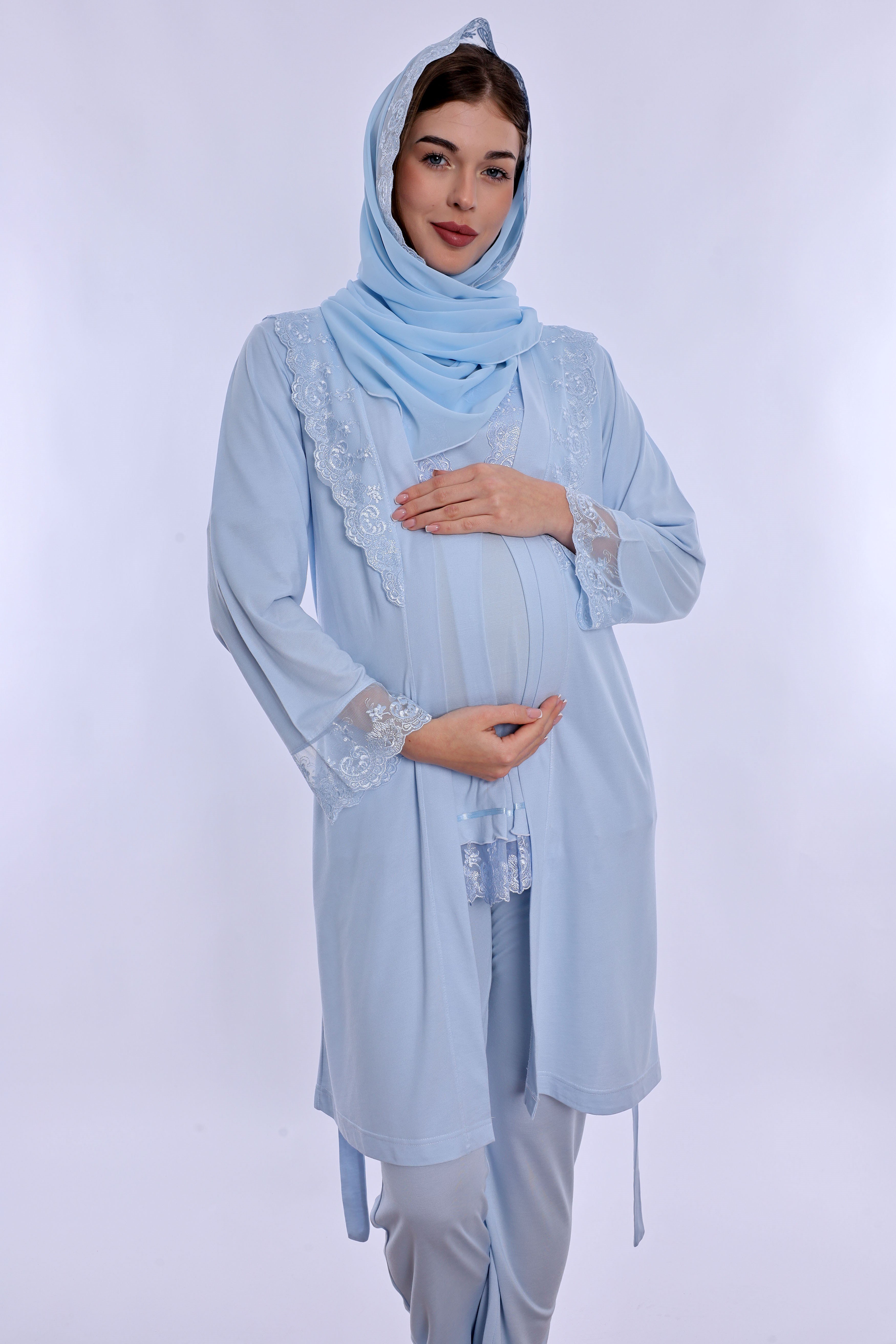 2T60342 Tesettürlü Rahat Kesim Emzirme Özellikli Sabahlıklı Hamile Lohusa Pijama Takımı  - Mavi