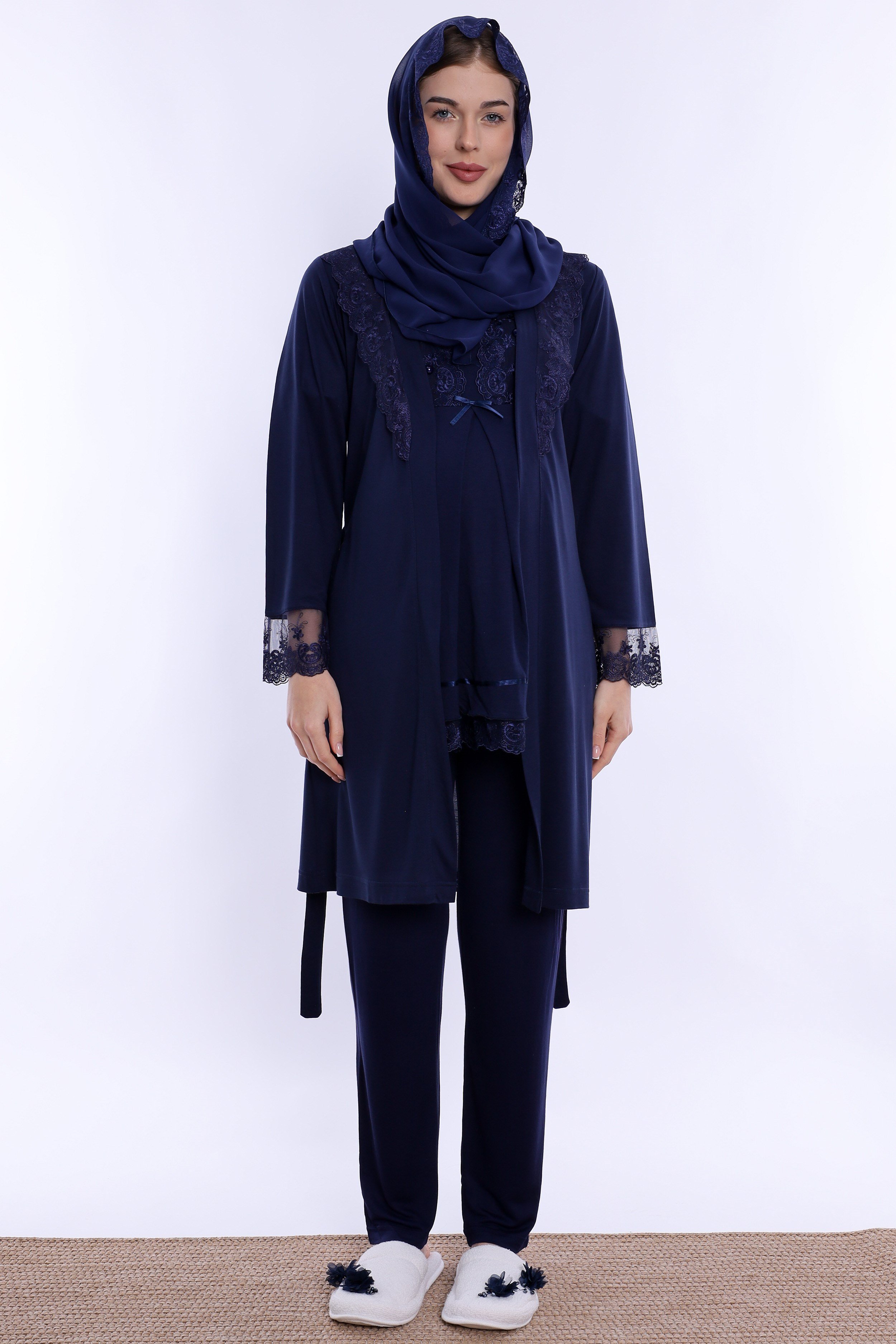 2T60342 Tesettürlü Rahat Kesim Emzirme Özellikli Sabahlıklı Hamile Lohusa Pijama Takımı  - Lacivert