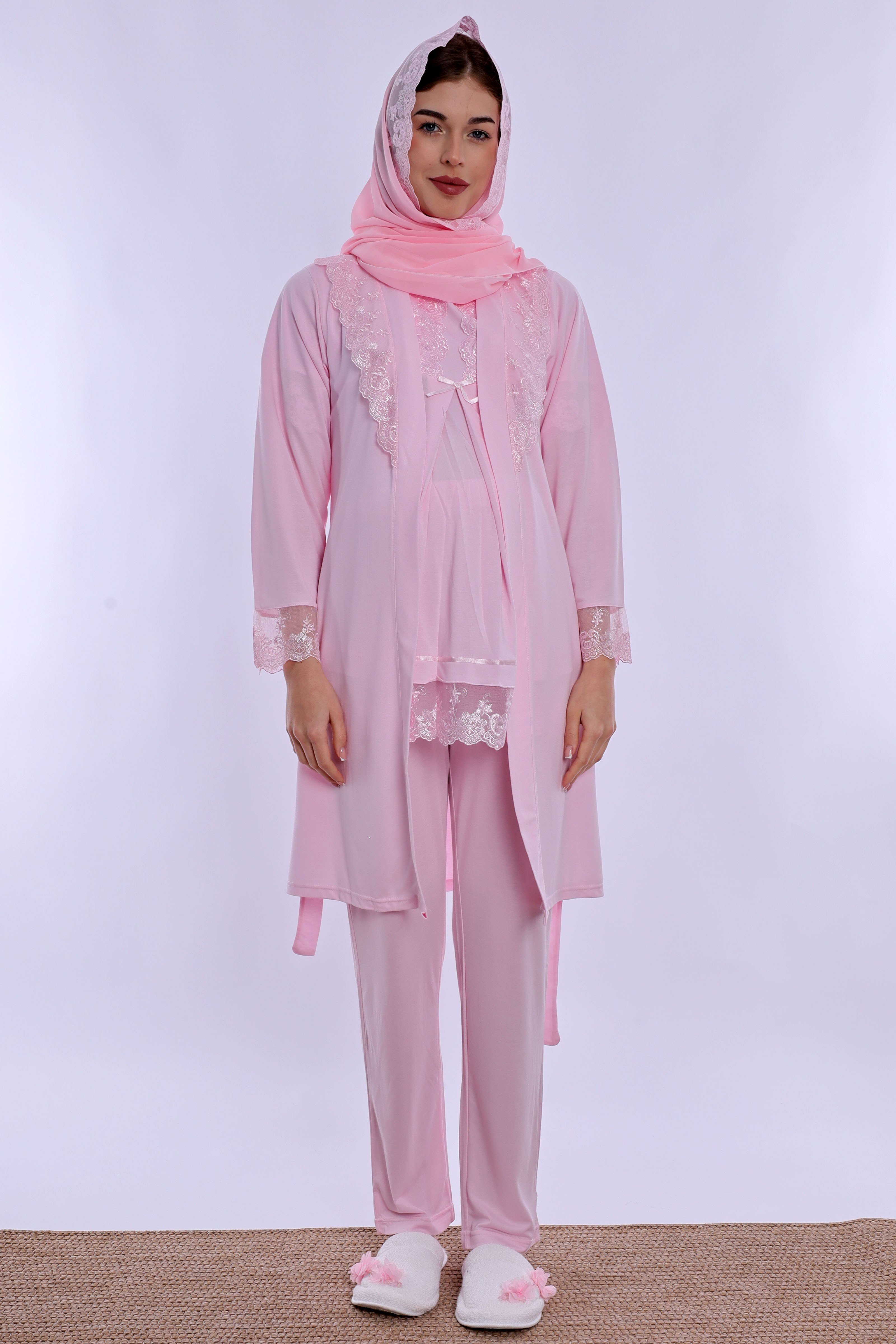 2T60342 Tesettürlü Rahat Kesim Emzirme Özellikli Sabahlıklı Hamile Lohusa Pijama Takımı  - Pembe