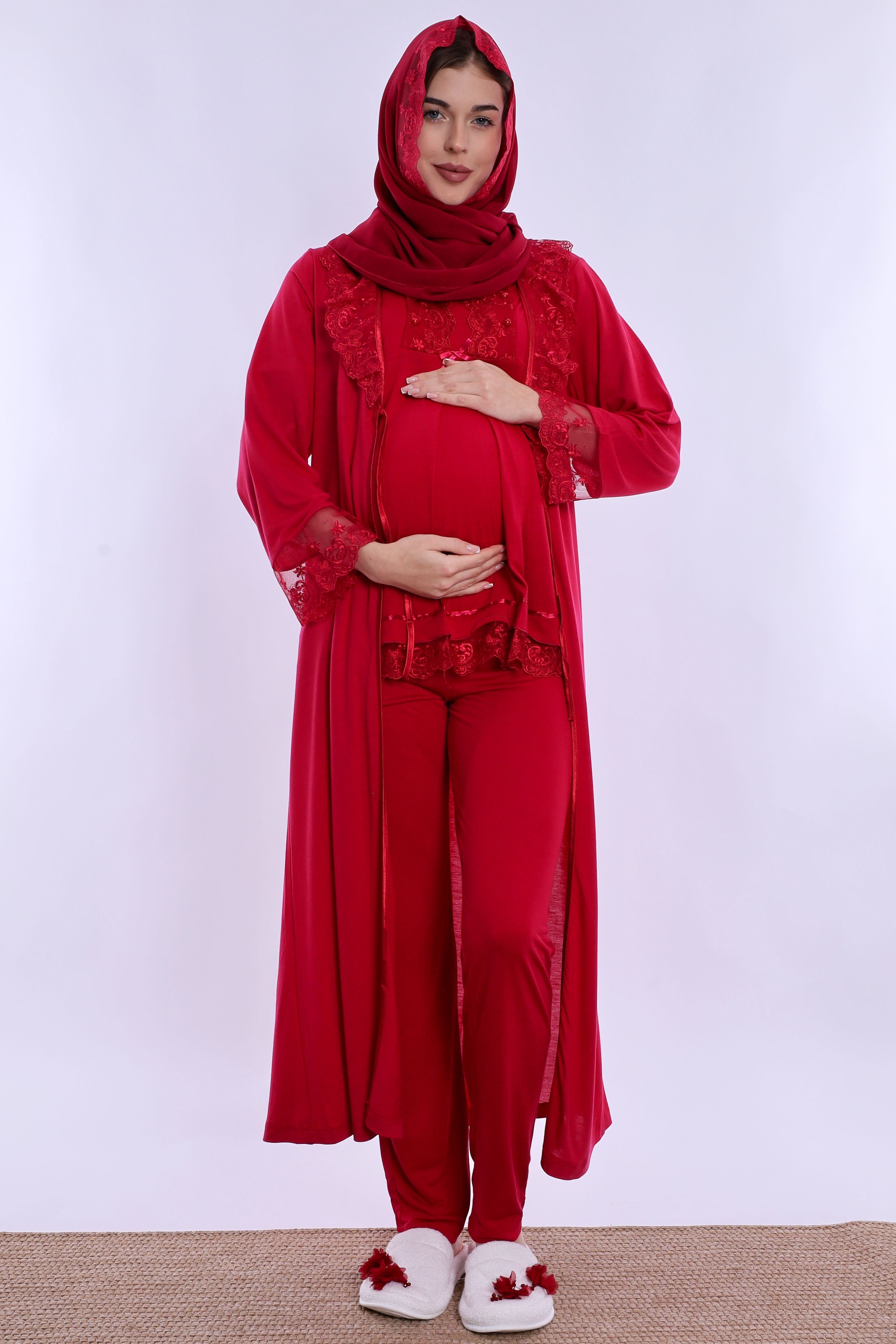 2T60372 Tesettürlü Yumuşak Dokulu Pamuklu  Uzun Sabahlıklı Hamile Lohusa Pijama Takımı  - Vişne