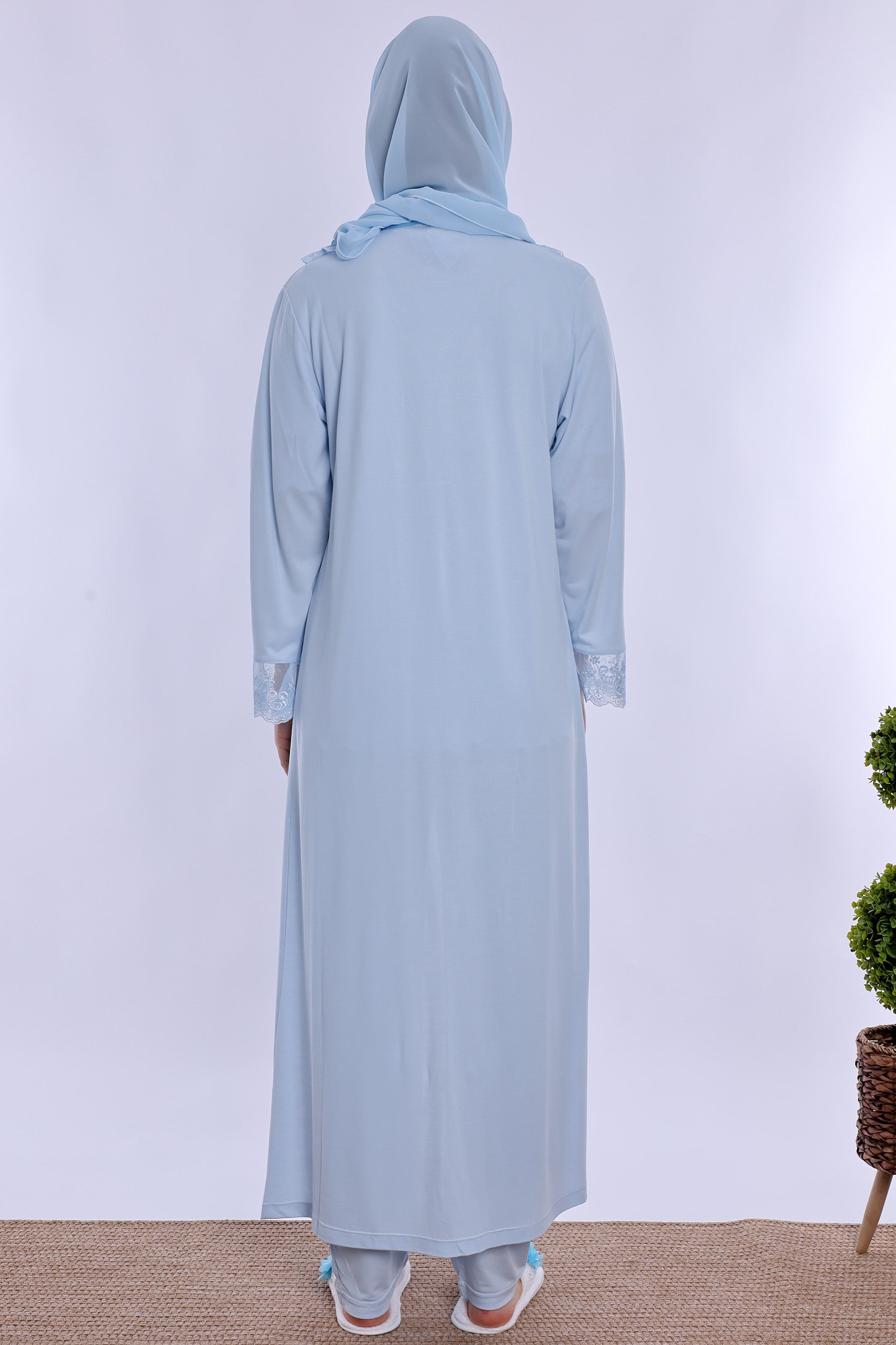 2T60372 Tesettürlü Yumuşak Dokulu Pamuklu  Uzun Sabahlıklı Hamile Lohusa Pijama Takımı  - Mavi