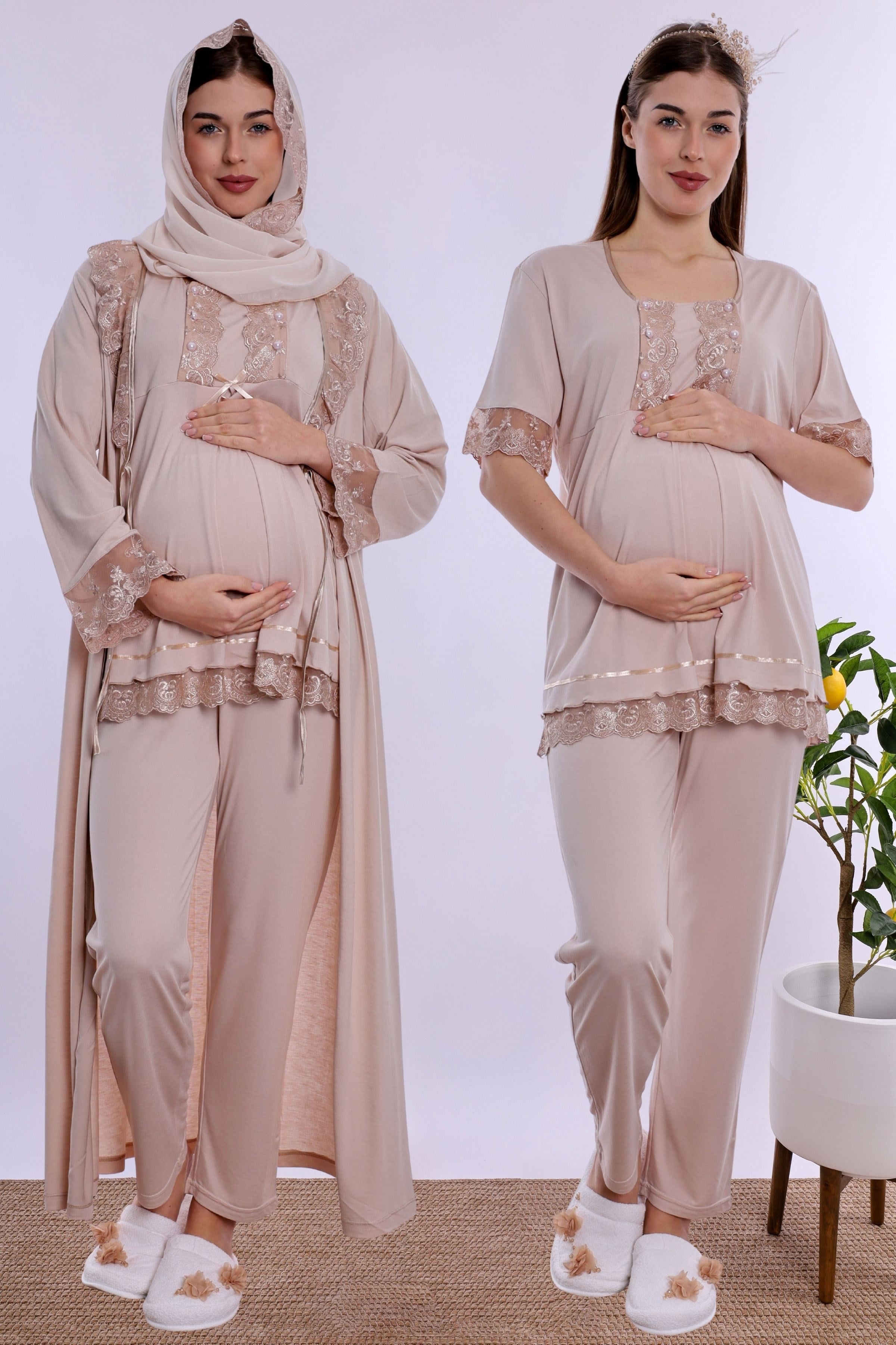 2T60372 Tesettürlü Yumuşak Dokulu Pamuklu  Uzun Sabahlıklı Hamile Lohusa Pijama Takımı  - Bej