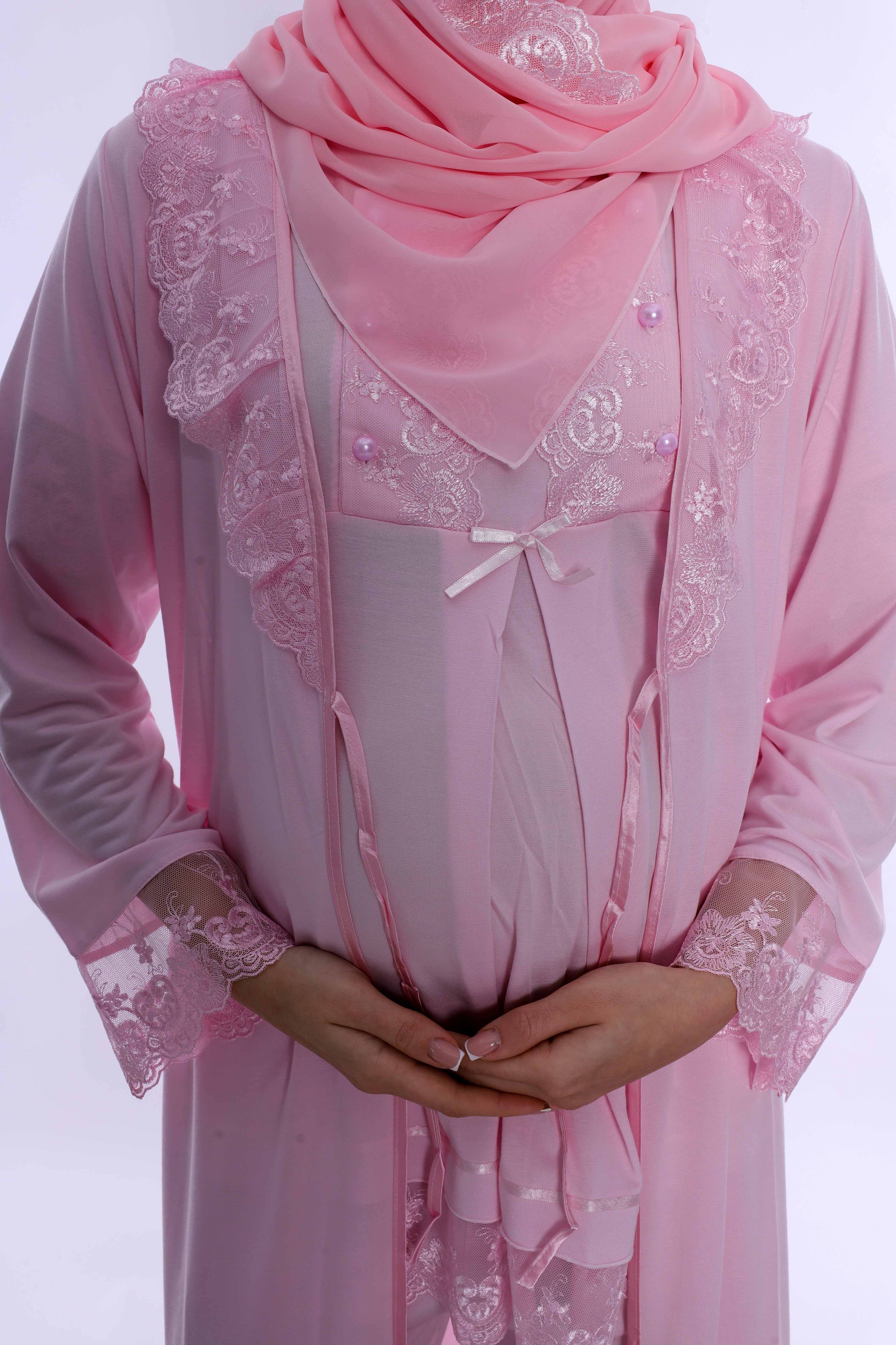 2T60372 Tesettürlü Yumuşak Dokulu Pamuklu  Uzun Sabahlıklı Hamile Lohusa Pijama Takımı  - Pembe