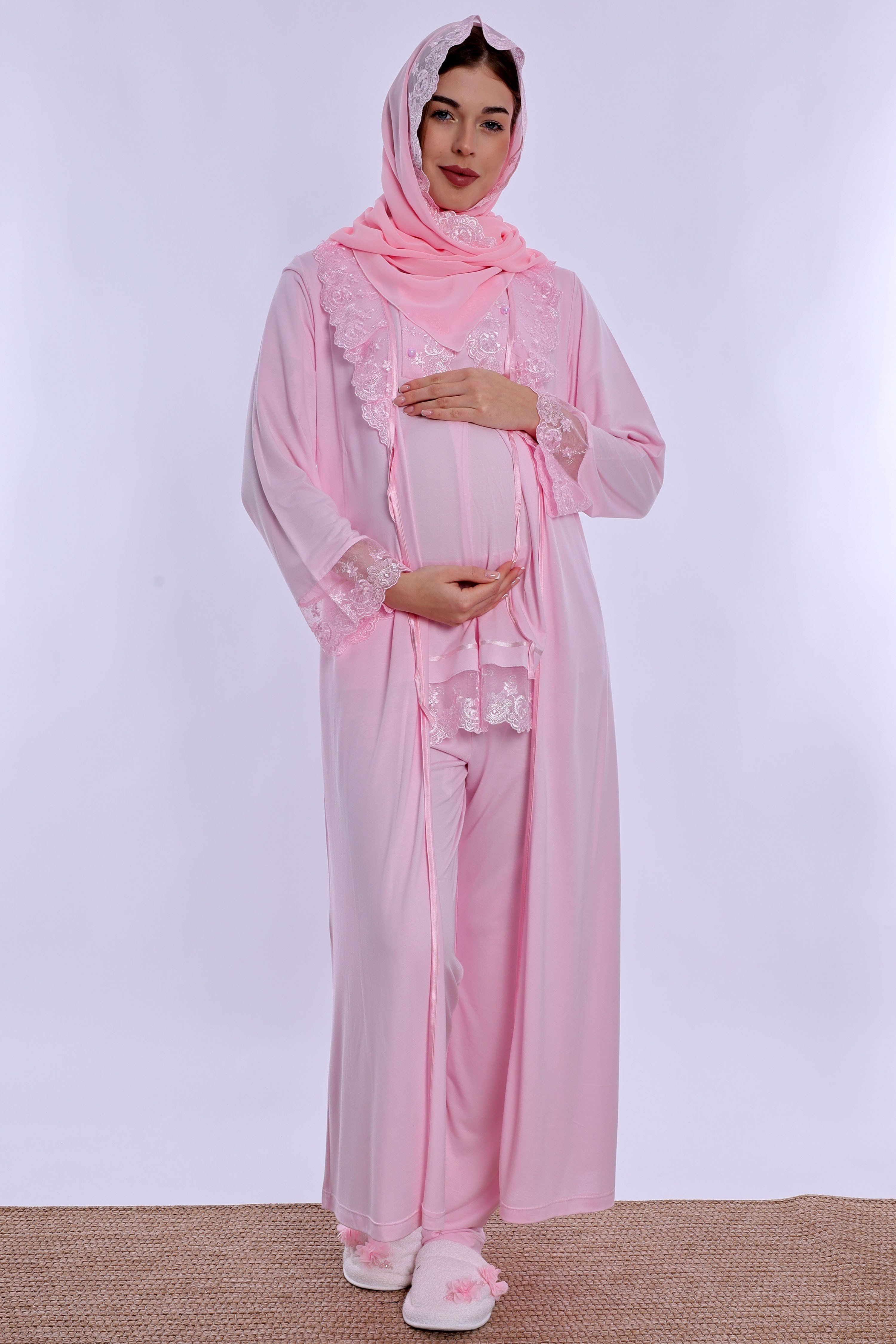 2T60372 Tesettürlü Yumuşak Dokulu Pamuklu  Uzun Sabahlıklı Hamile Lohusa Pijama Takımı  - Pembe