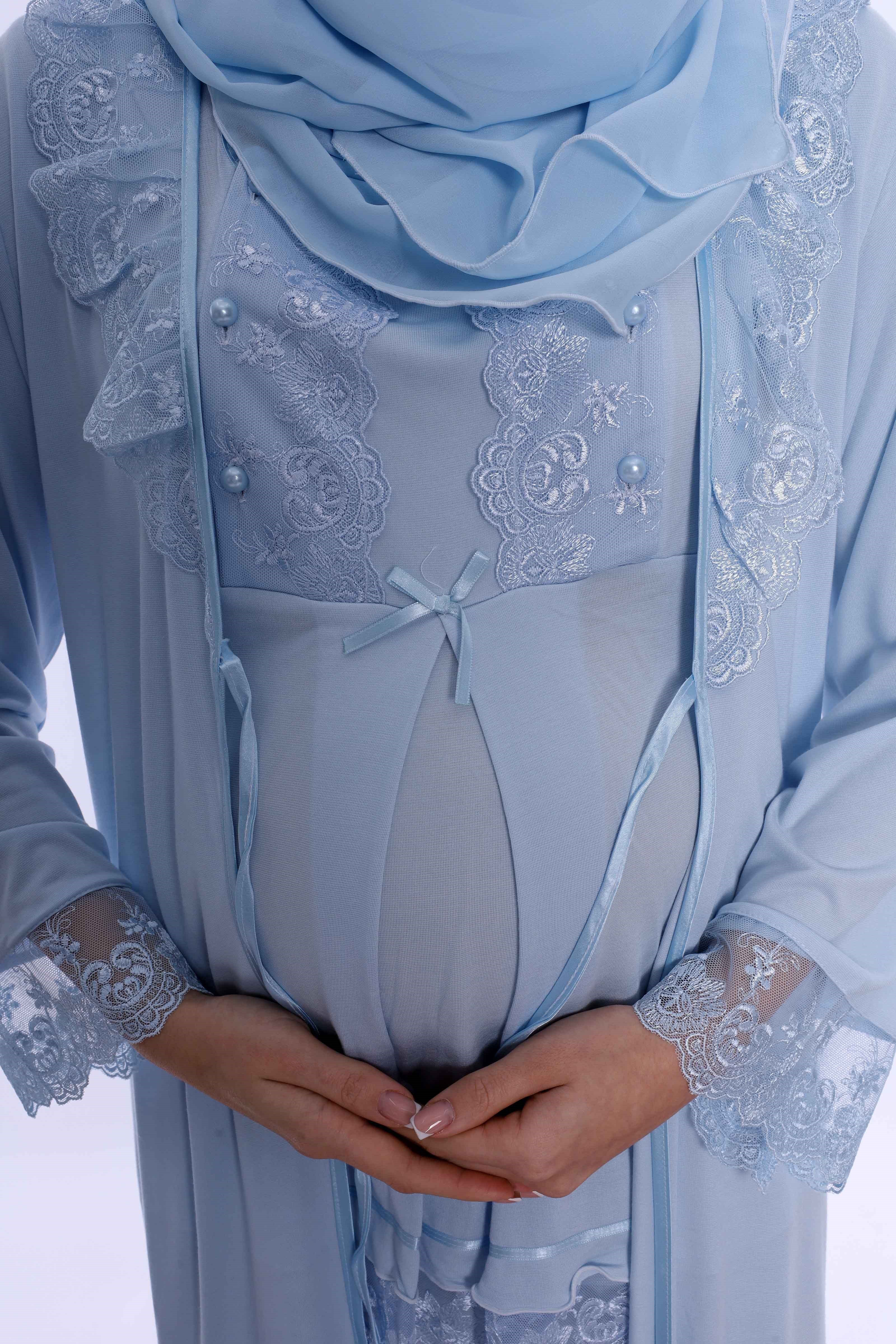 2T60372 Tesettürlü Yumuşak Dokulu Pamuklu  Uzun Sabahlıklı Hamile Lohusa Pijama Takımı  - Mavi