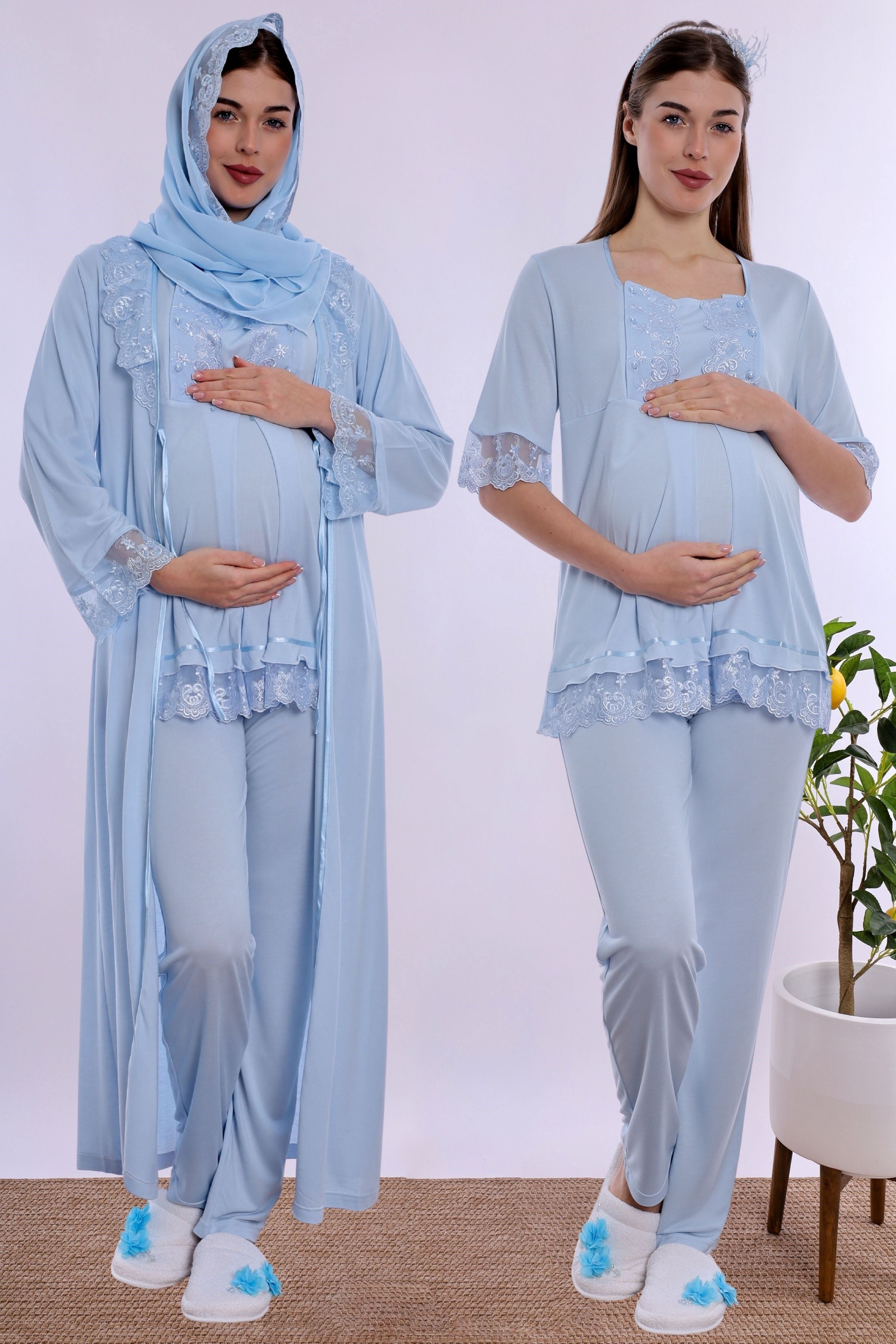 2T60372 Tesettürlü Yumuşak Dokulu Pamuklu  Uzun Sabahlıklı Hamile Lohusa Pijama Takımı  - Mavi