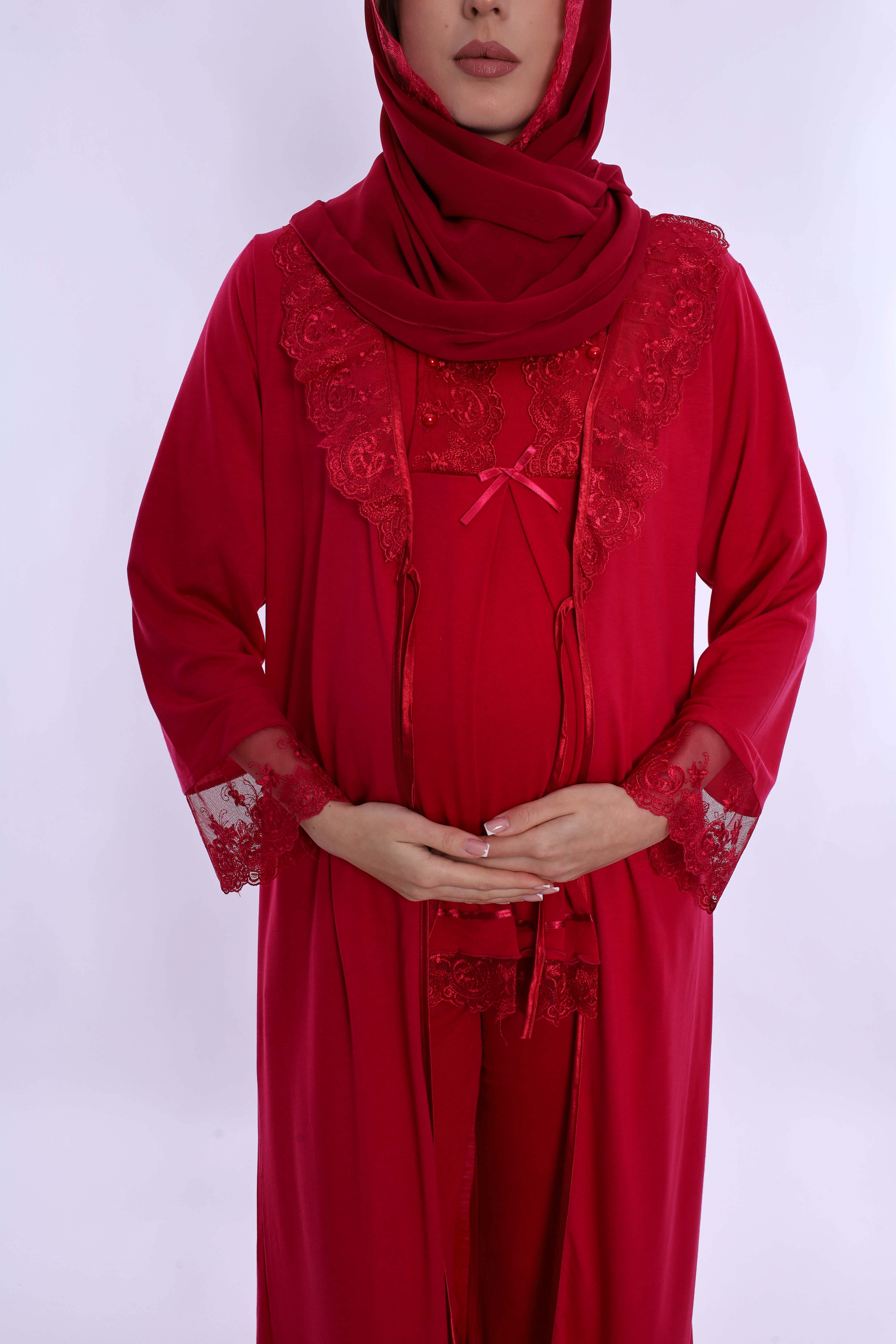 2T60372 Tesettürlü Yumuşak Dokulu Pamuklu  Uzun Sabahlıklı Hamile Lohusa Pijama Takımı  - Vişne