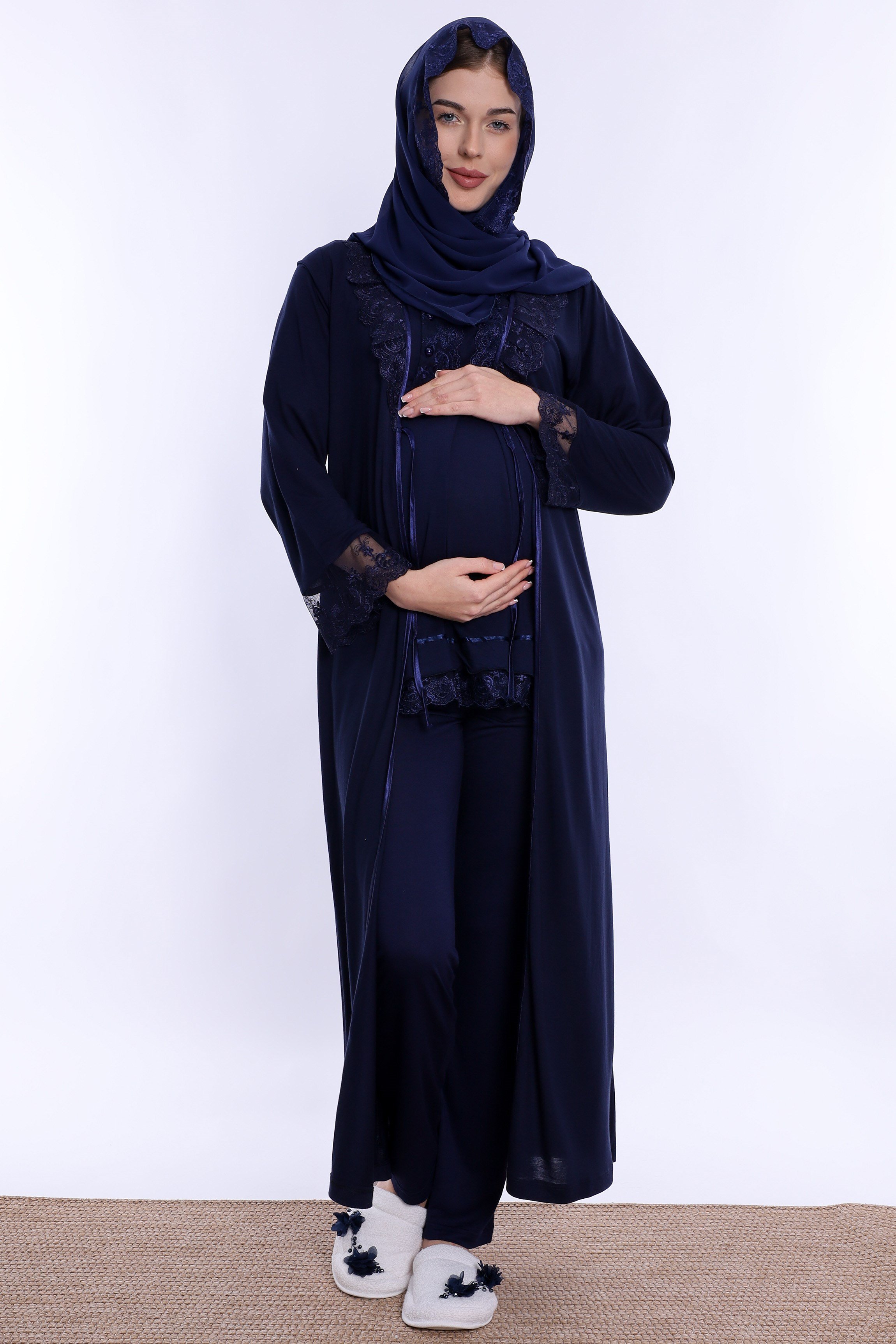 2T60372 Tesettürlü Yumuşak Dokulu Pamuklu  Uzun Sabahlıklı Hamile Lohusa Pijama Takımı  - Lacivert