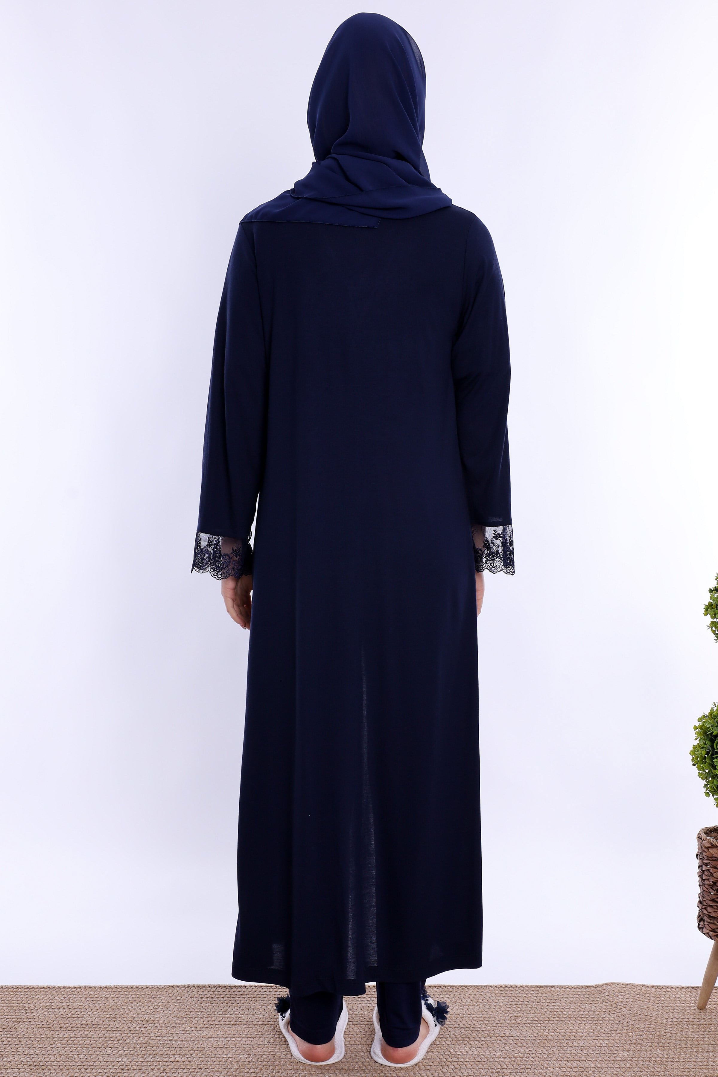 2T60372 Tesettürlü Yumuşak Dokulu Pamuklu  Uzun Sabahlıklı Hamile Lohusa Pijama Takımı  - Lacivert