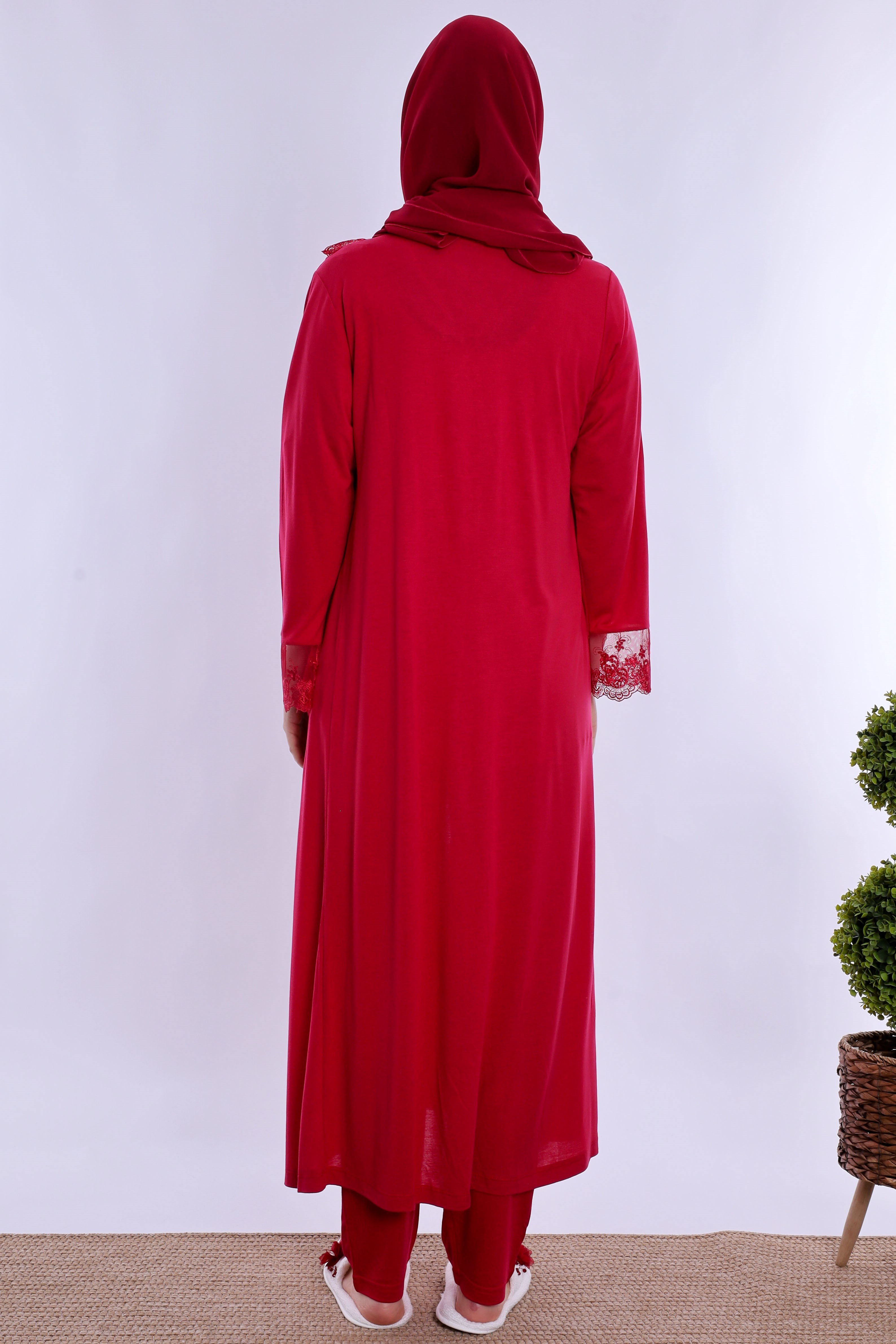 2T60372 Tesettürlü Yumuşak Dokulu Pamuklu  Uzun Sabahlıklı Hamile Lohusa Pijama Takımı  - Vişne
