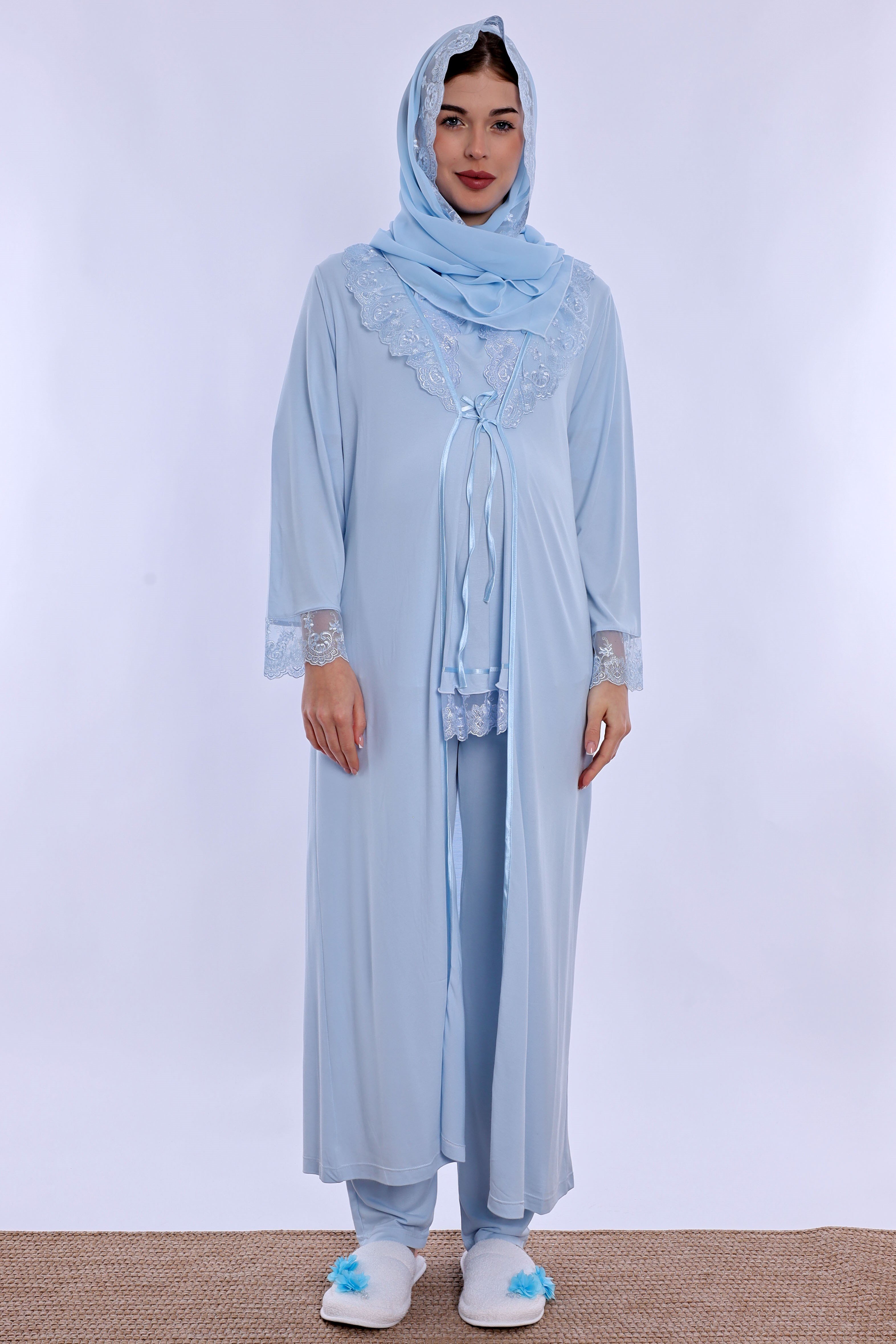 2T60372 Tesettürlü Yumuşak Dokulu Pamuklu  Uzun Sabahlıklı Hamile Lohusa Pijama Takımı  - Mavi