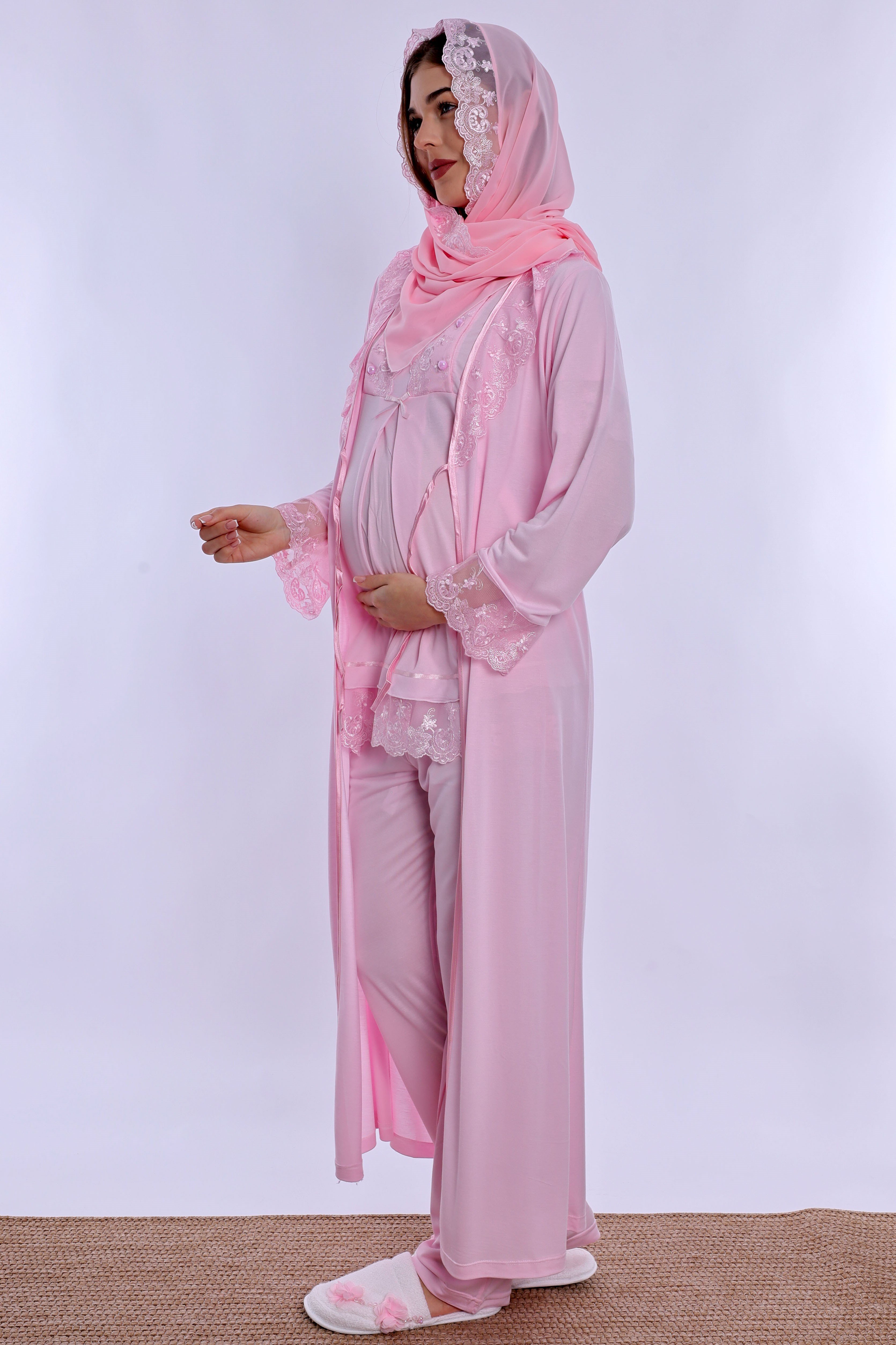 2T60372 Tesettürlü Yumuşak Dokulu Pamuklu  Uzun Sabahlıklı Hamile Lohusa Pijama Takımı  - Pembe