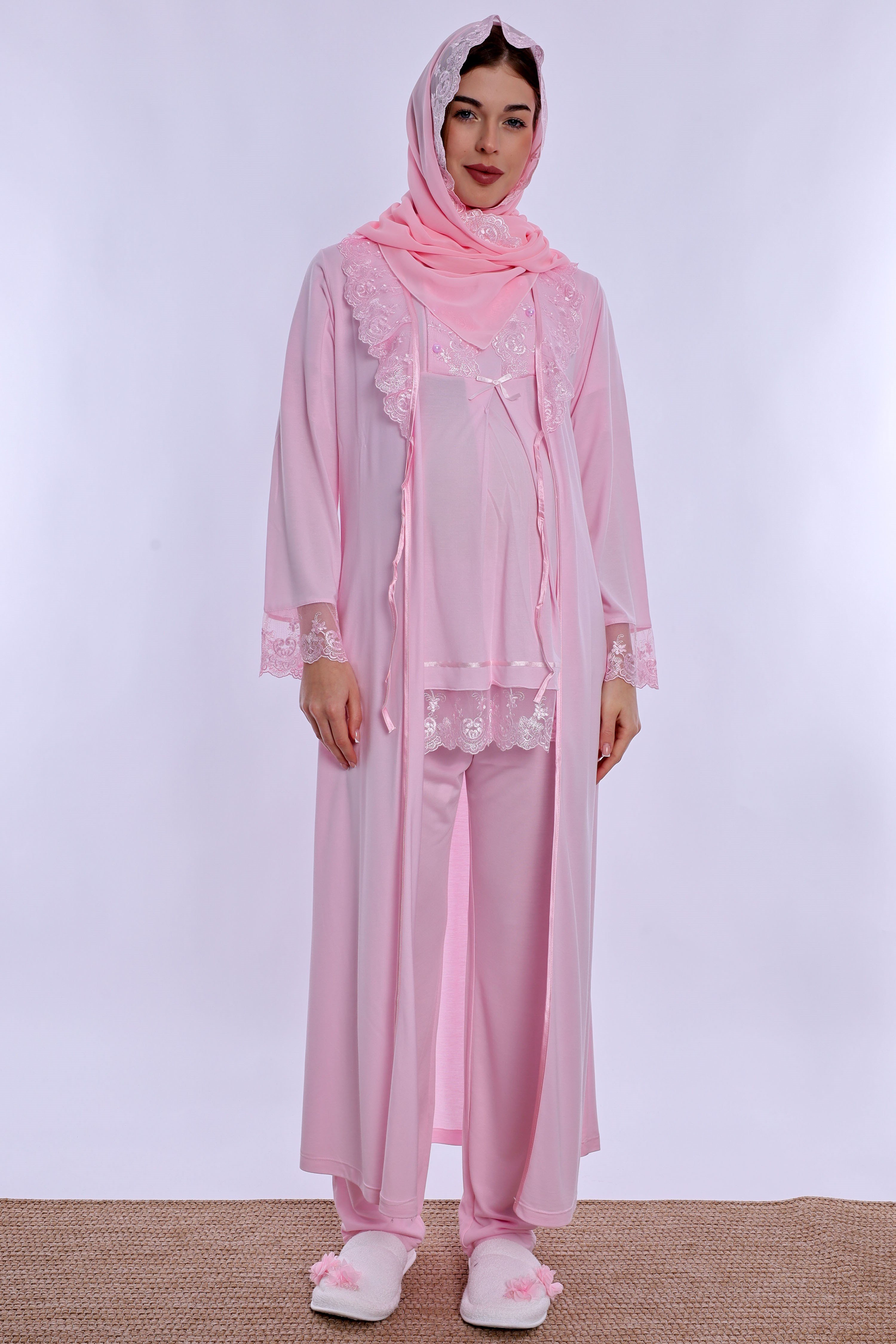2T60372 Tesettürlü Yumuşak Dokulu Pamuklu  Uzun Sabahlıklı Hamile Lohusa Pijama Takımı  - Pembe