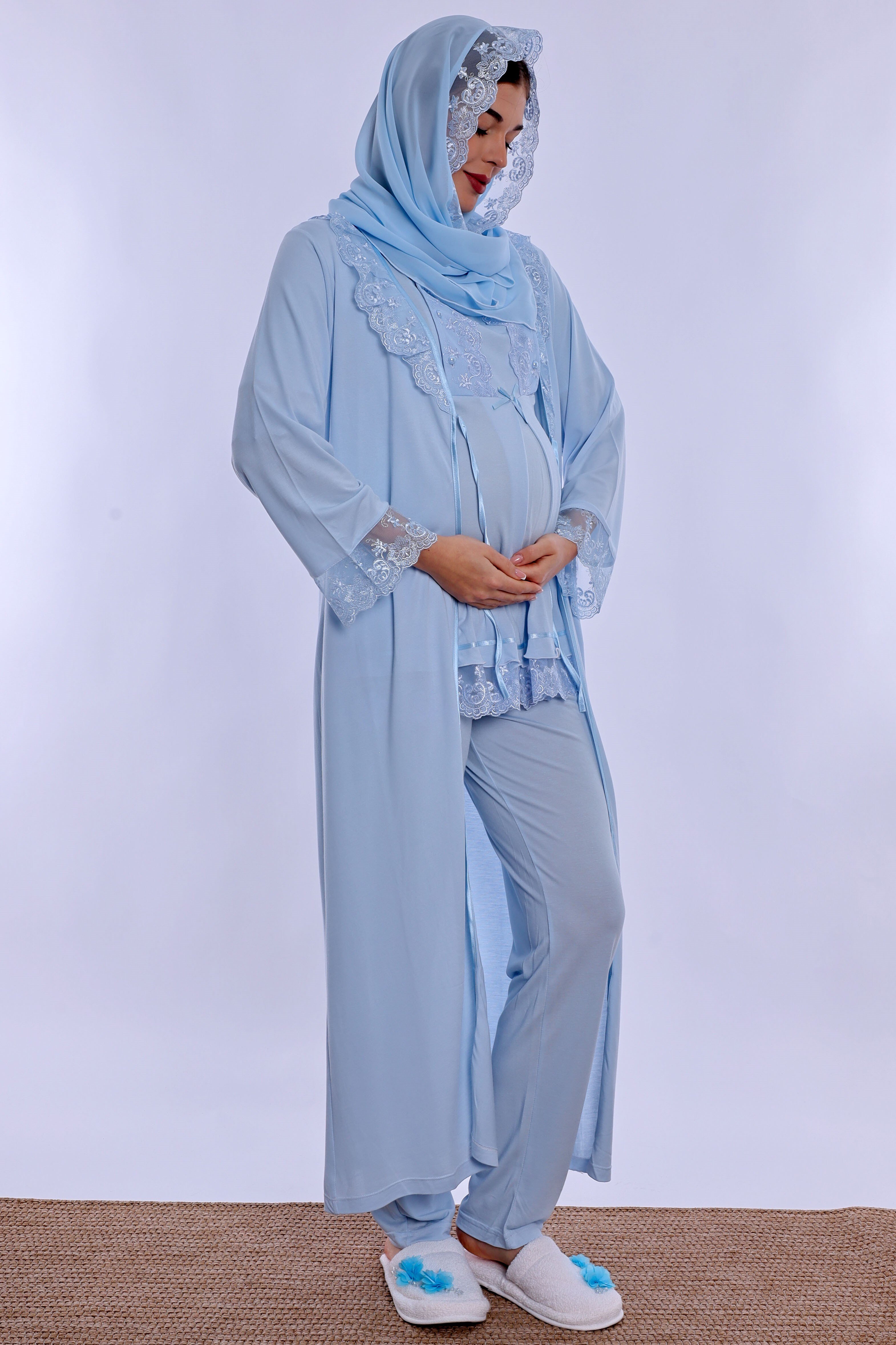 2T60372 Tesettürlü Yumuşak Dokulu Pamuklu  Uzun Sabahlıklı Hamile Lohusa Pijama Takımı  - Mavi