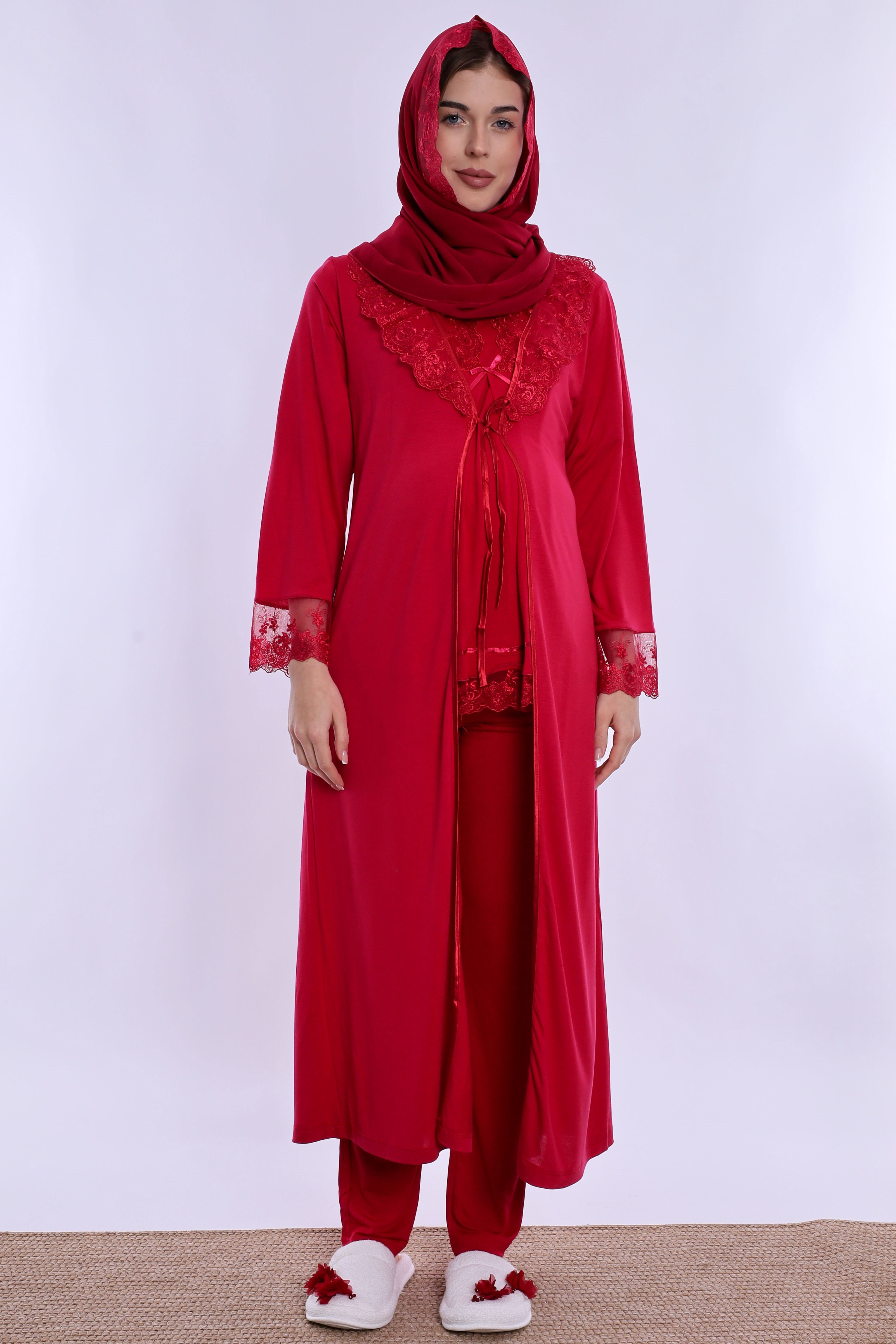 2T60372 Tesettürlü Yumuşak Dokulu Pamuklu  Uzun Sabahlıklı Hamile Lohusa Pijama Takımı  - Vişne