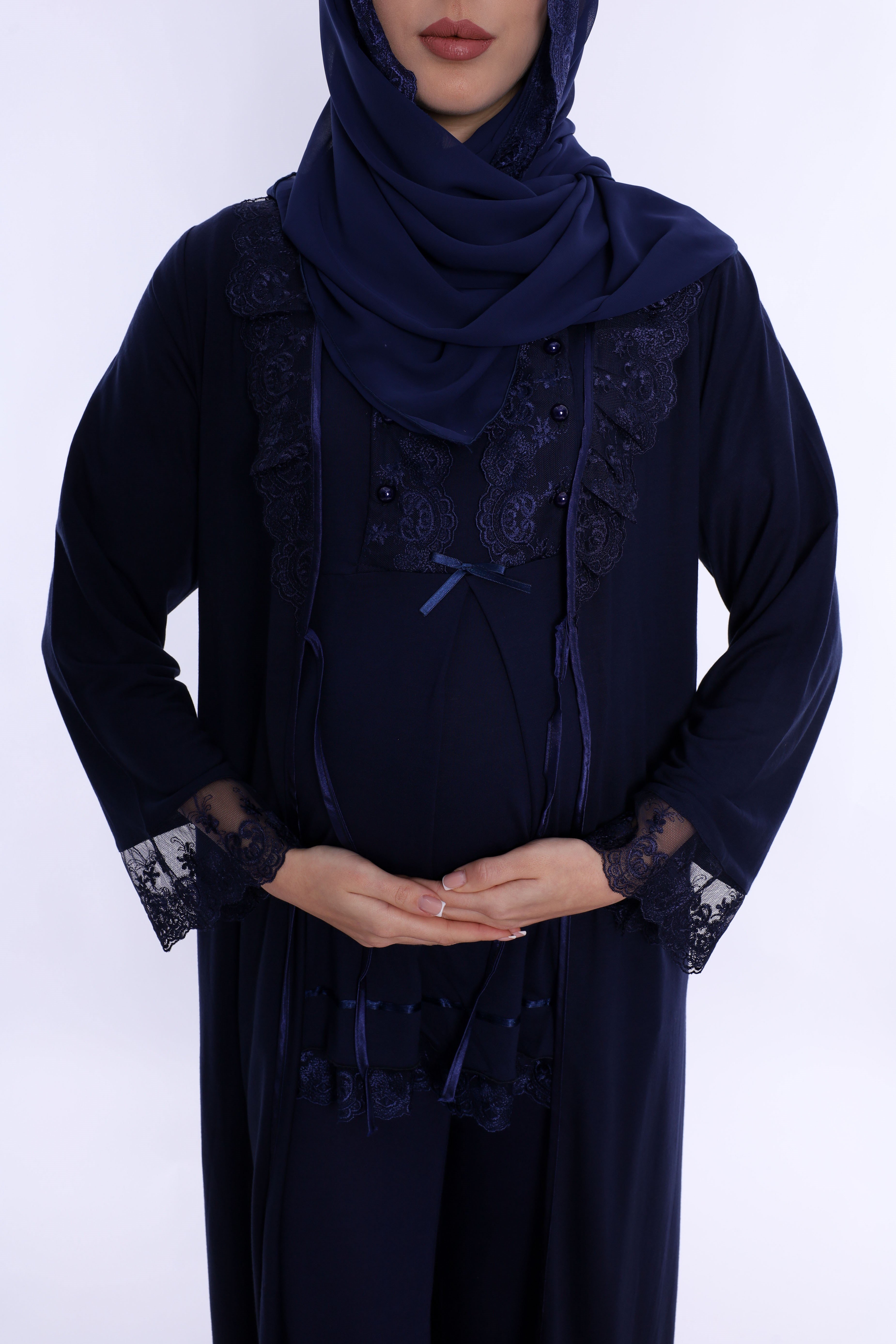 2T60372 Tesettürlü Yumuşak Dokulu Pamuklu  Uzun Sabahlıklı Hamile Lohusa Pijama Takımı  - Lacivert