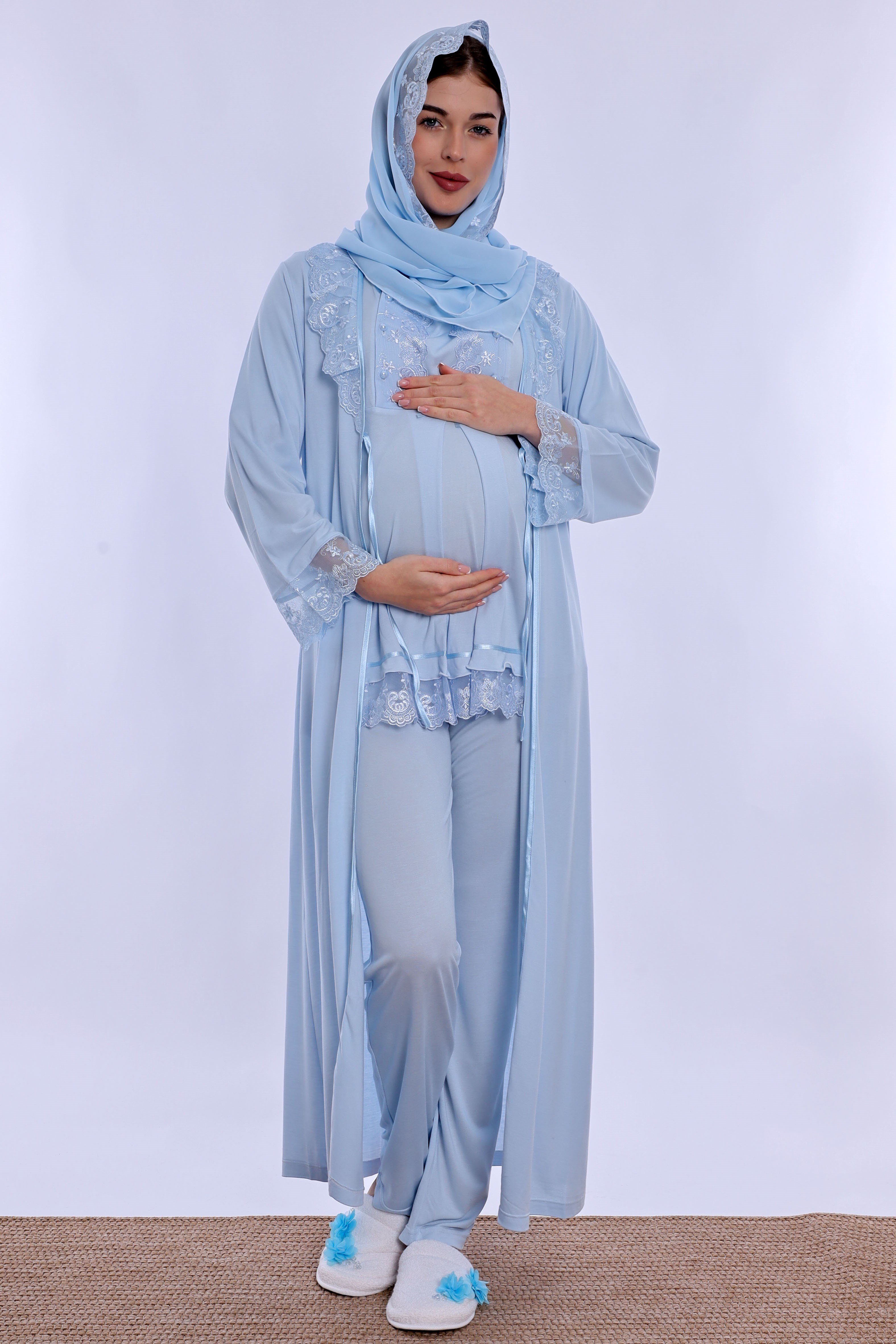 2T60372 Tesettürlü Yumuşak Dokulu Pamuklu  Uzun Sabahlıklı Hamile Lohusa Pijama Takımı  - Mavi