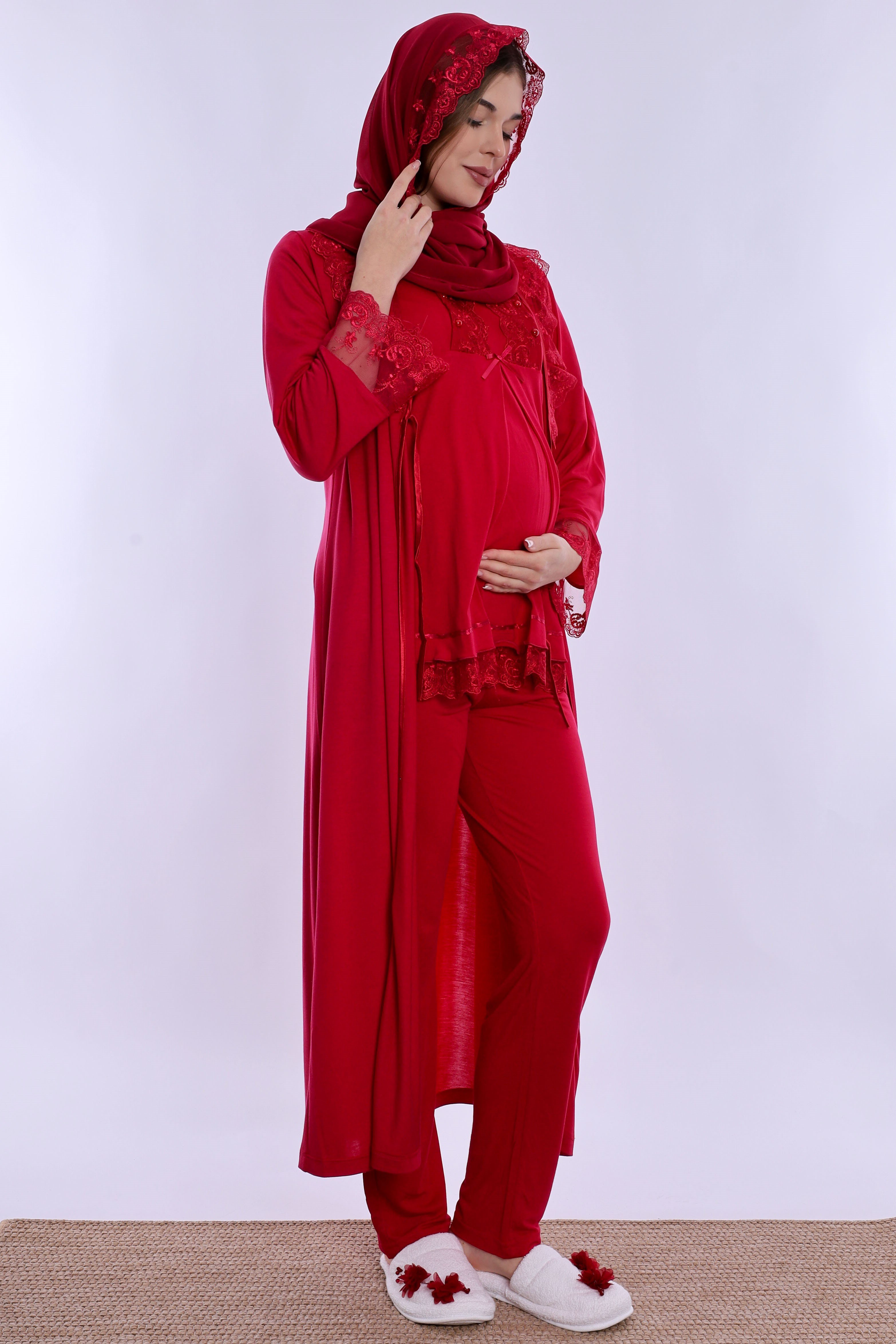 2T60372 Tesettürlü Yumuşak Dokulu Pamuklu  Uzun Sabahlıklı Hamile Lohusa Pijama Takımı  - Vişne