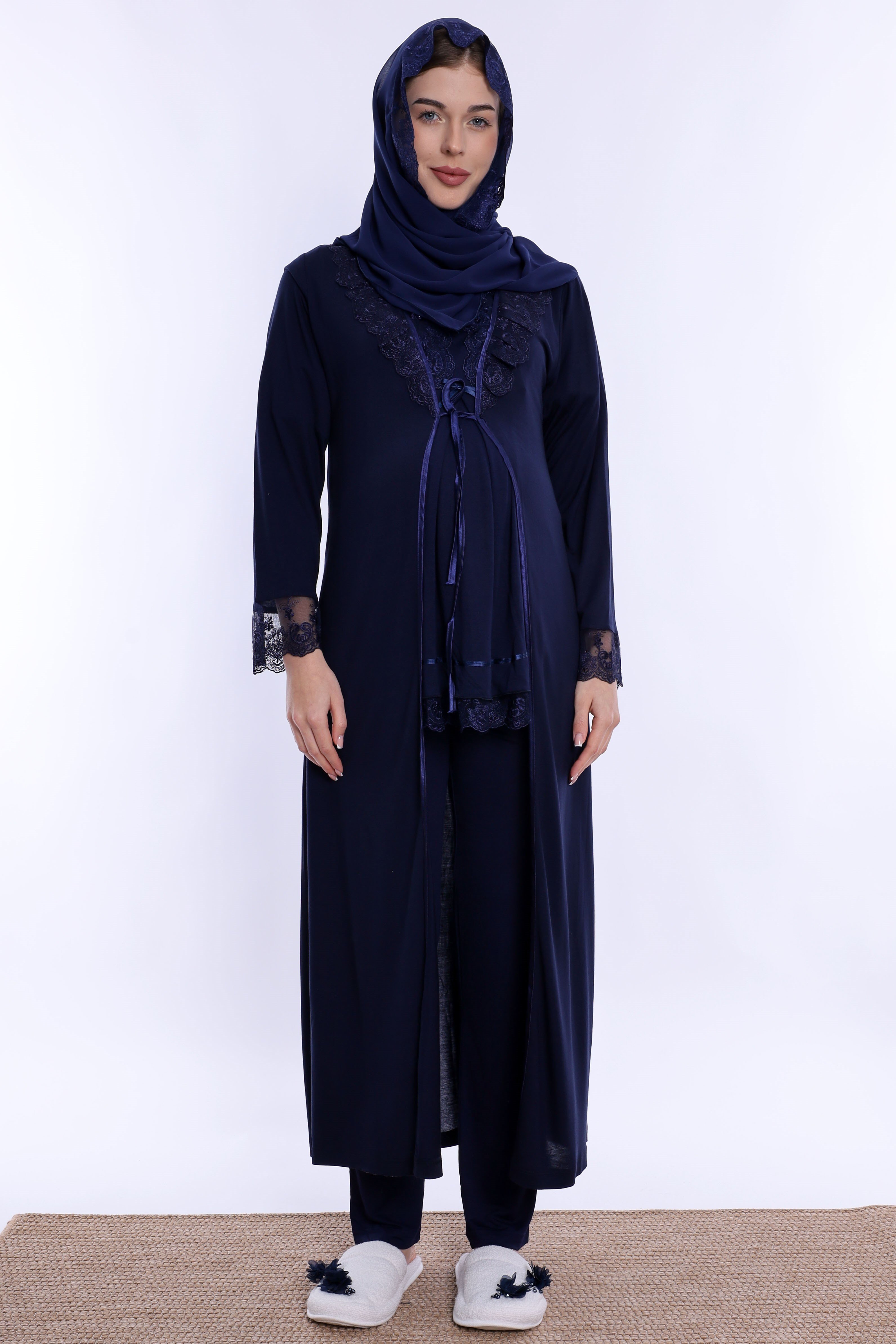 2T60372 Tesettürlü Yumuşak Dokulu Pamuklu  Uzun Sabahlıklı Hamile Lohusa Pijama Takımı  - Lacivert