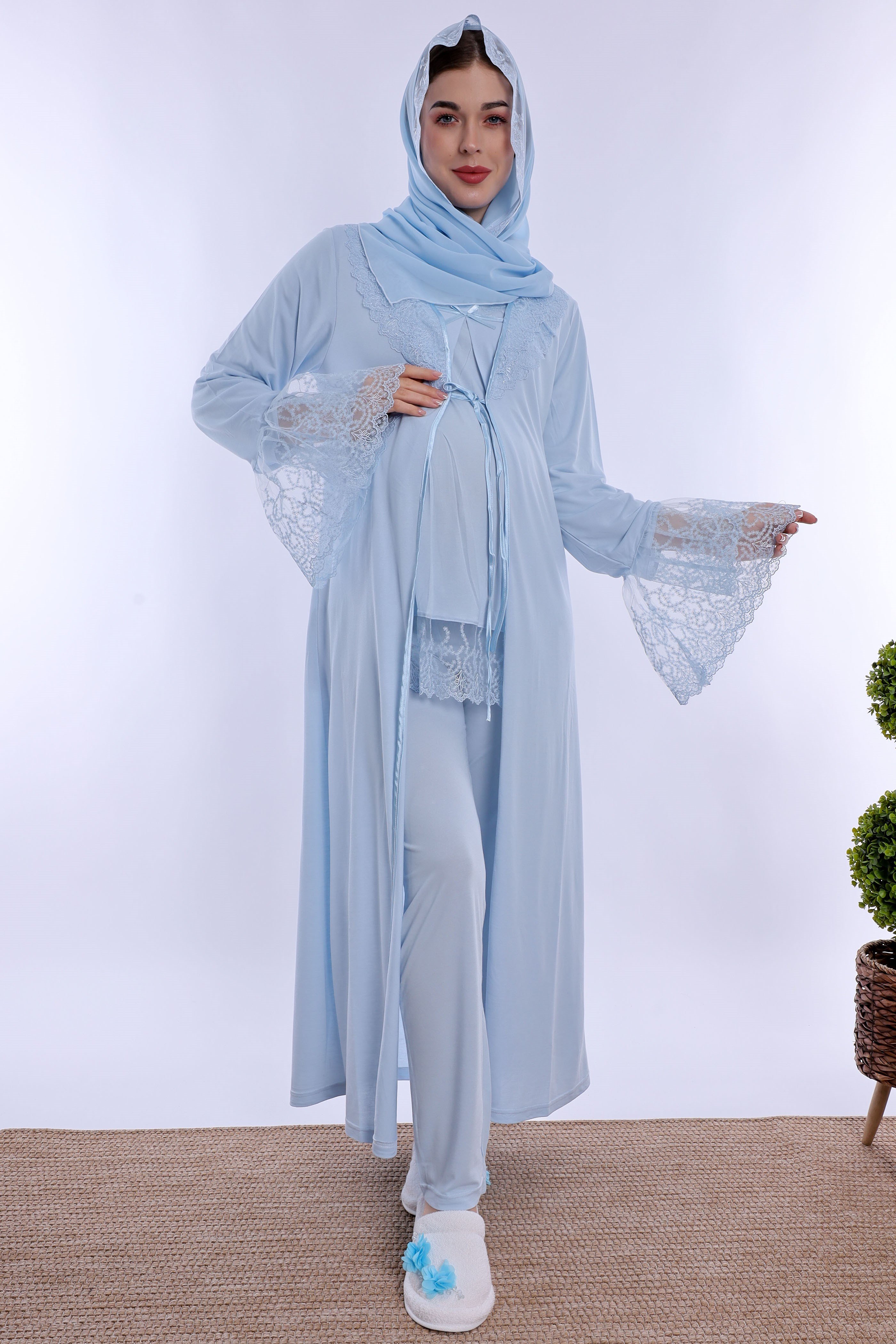 2T70442 Tesettürlü Pamuklu Hamile Lohusa Pijama ve Sabahlık Takımı  - Mavi