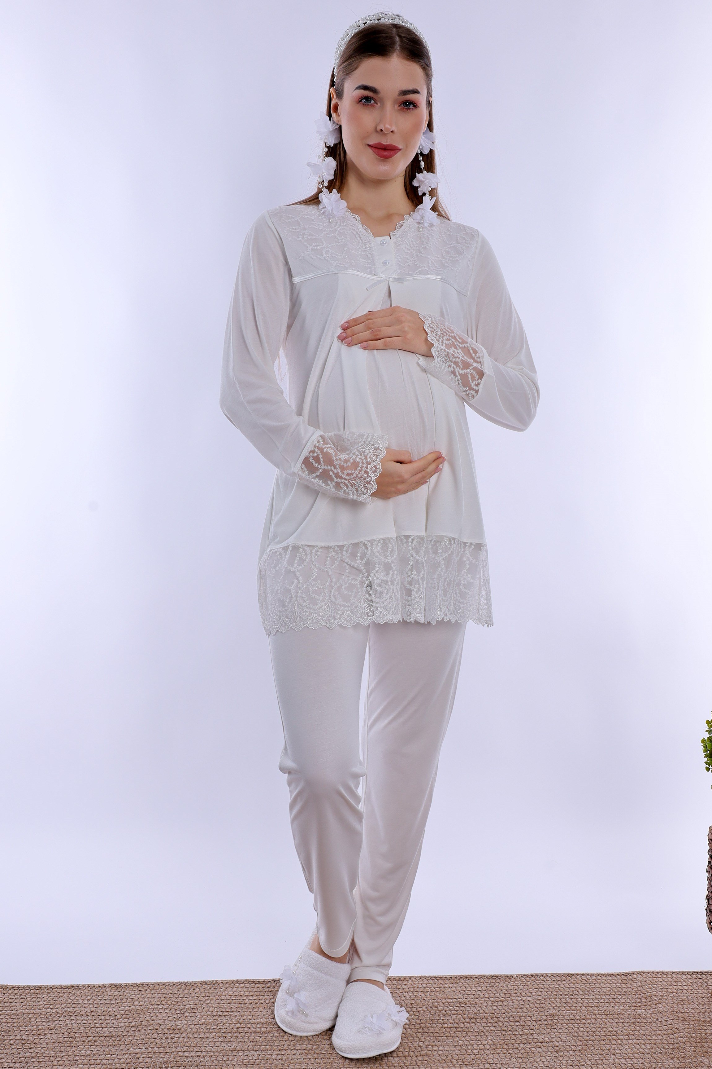 2T70442 Tesettürlü Pamuklu Hamile Lohusa Pijama ve Sabahlık Takımı  - Ekru