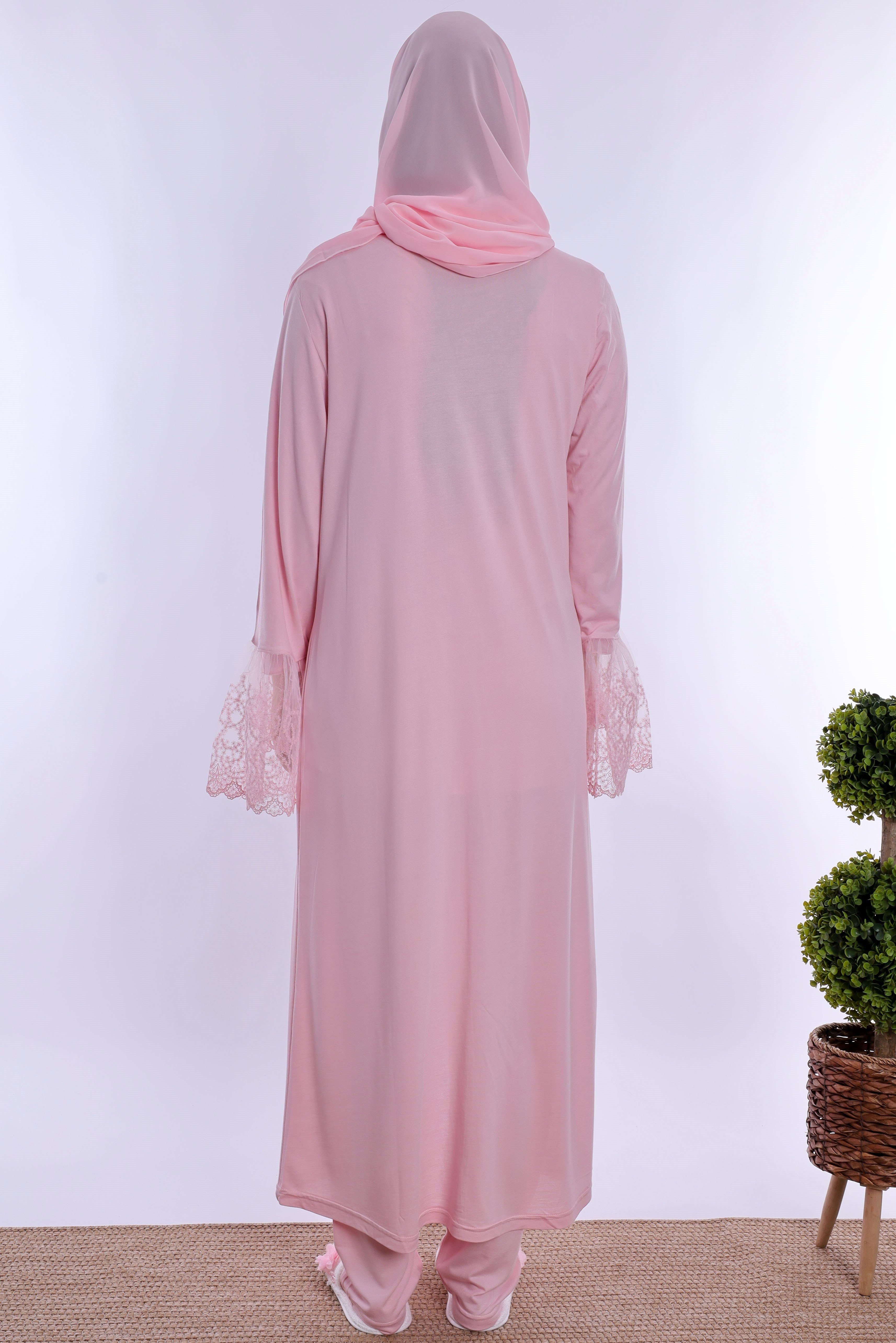 2T70442 Tesettürlü Pamuklu Hamile Lohusa Pijama ve Sabahlık Takımı  - Pembe