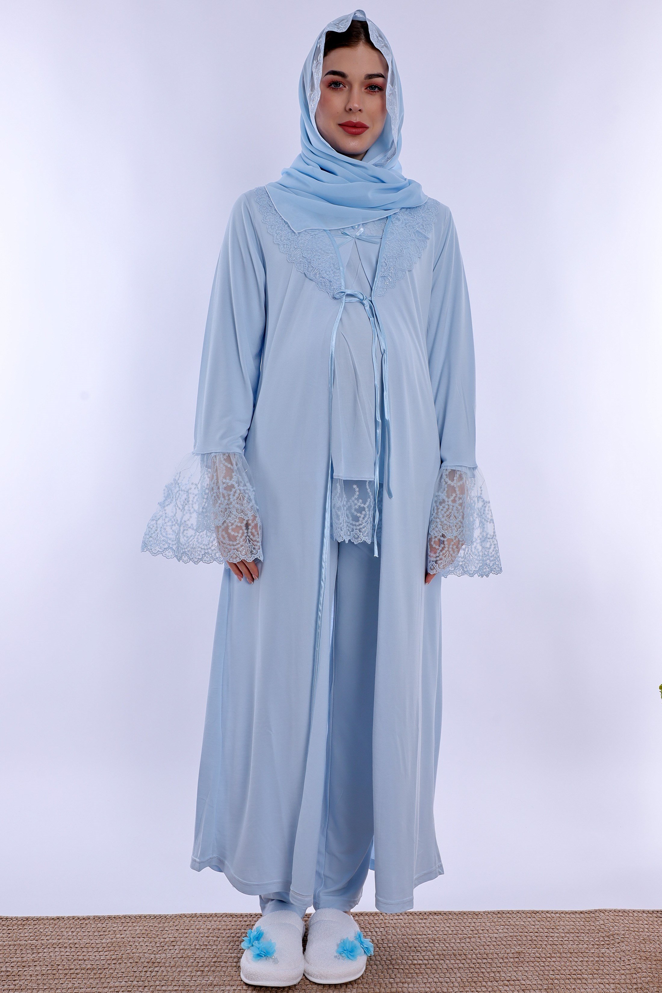 2T70442 Tesettürlü Pamuklu Hamile Lohusa Pijama ve Sabahlık Takımı  - Mavi