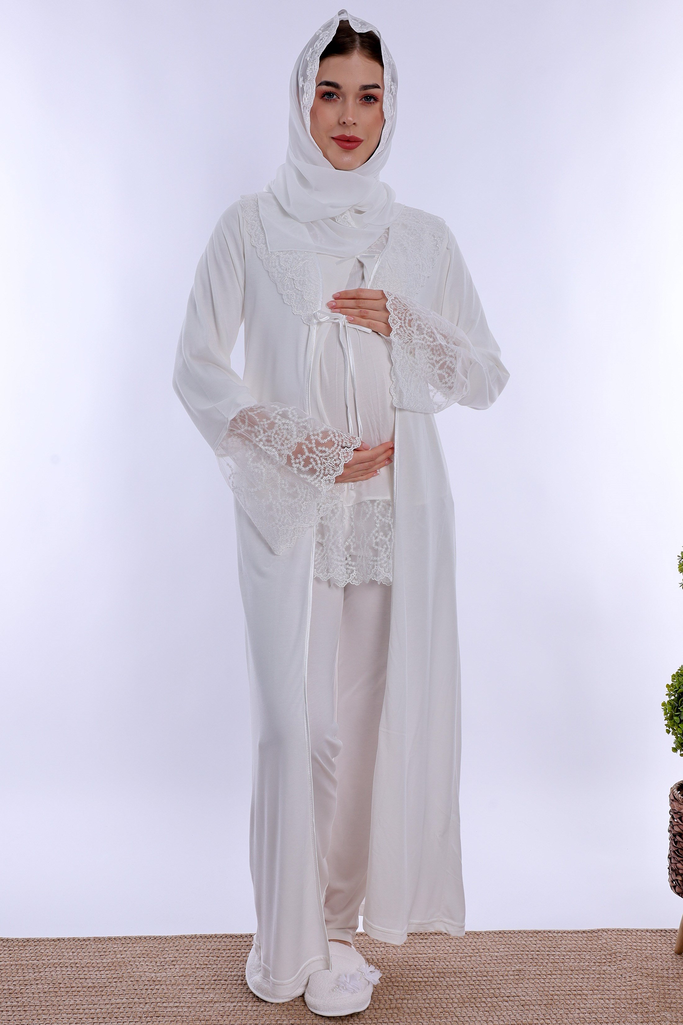 2T70442 Tesettürlü Pamuklu Hamile Lohusa Pijama ve Sabahlık Takımı  - Ekru