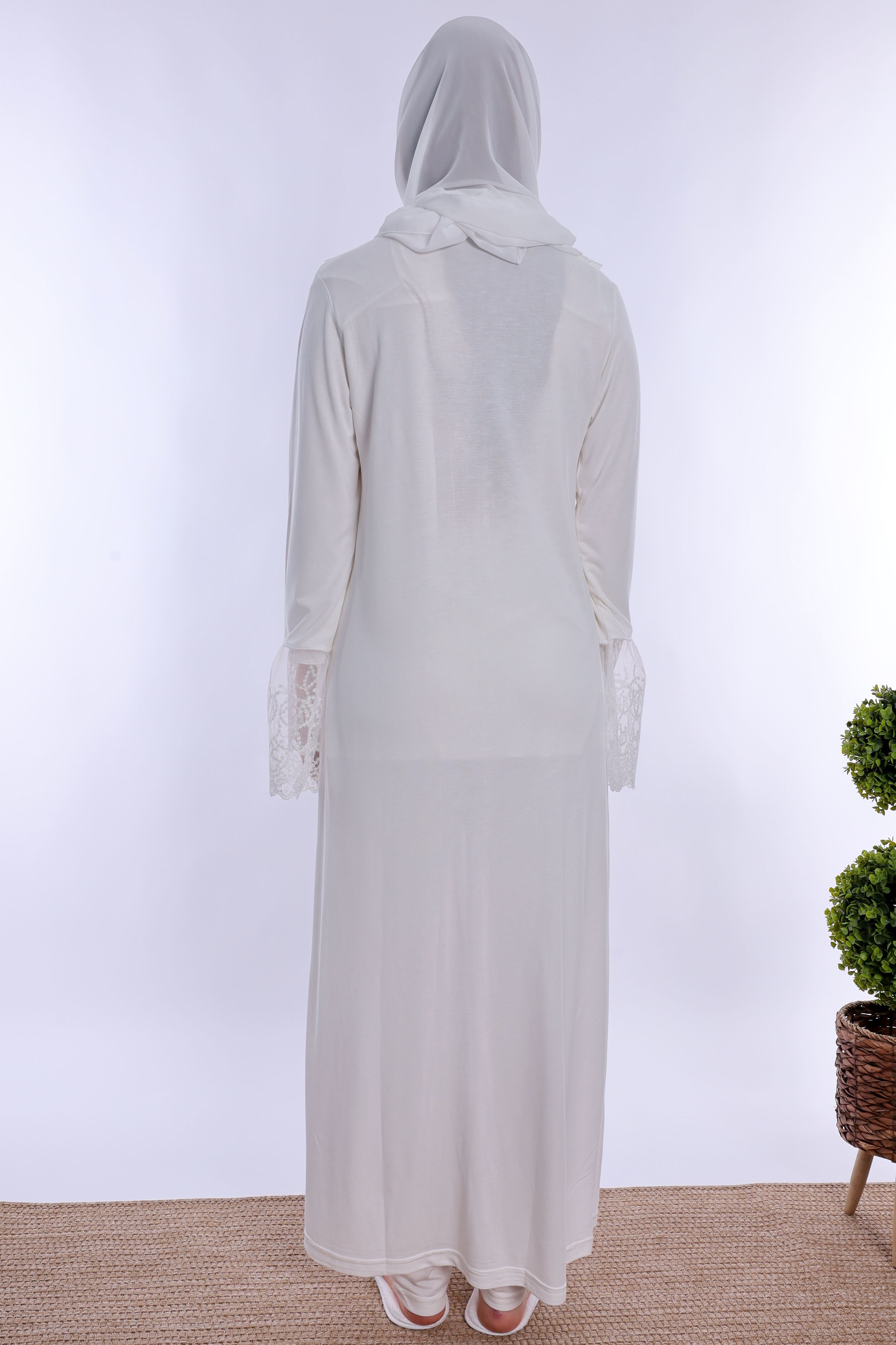 2T70442 Tesettürlü Pamuklu Hamile Lohusa Pijama ve Sabahlık Takımı  - Ekru