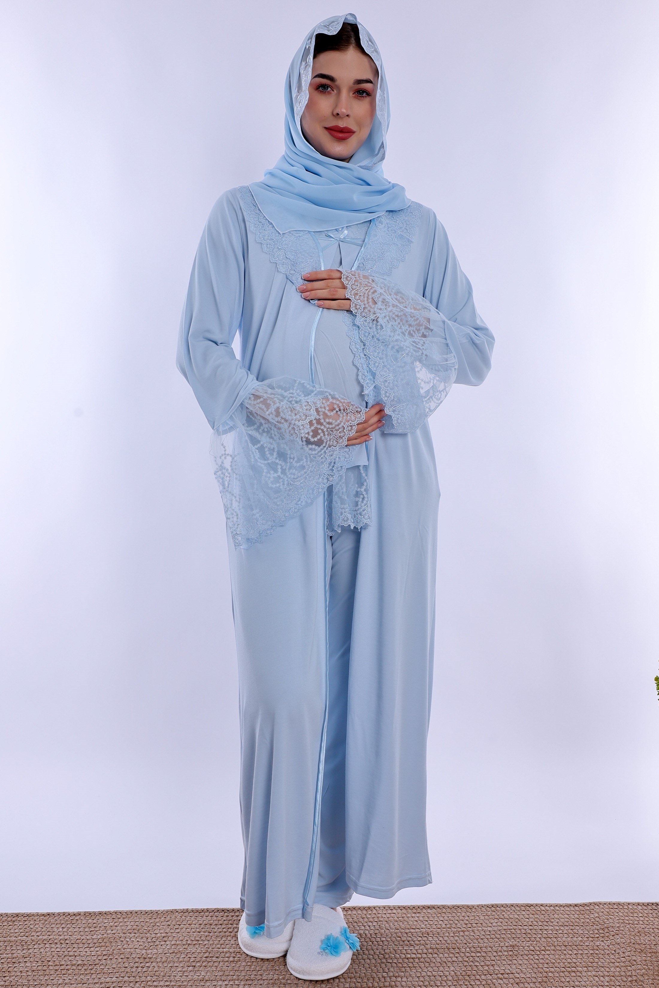 2T70442 Tesettürlü Pamuklu Hamile Lohusa Pijama ve Sabahlık Takımı  - Mavi