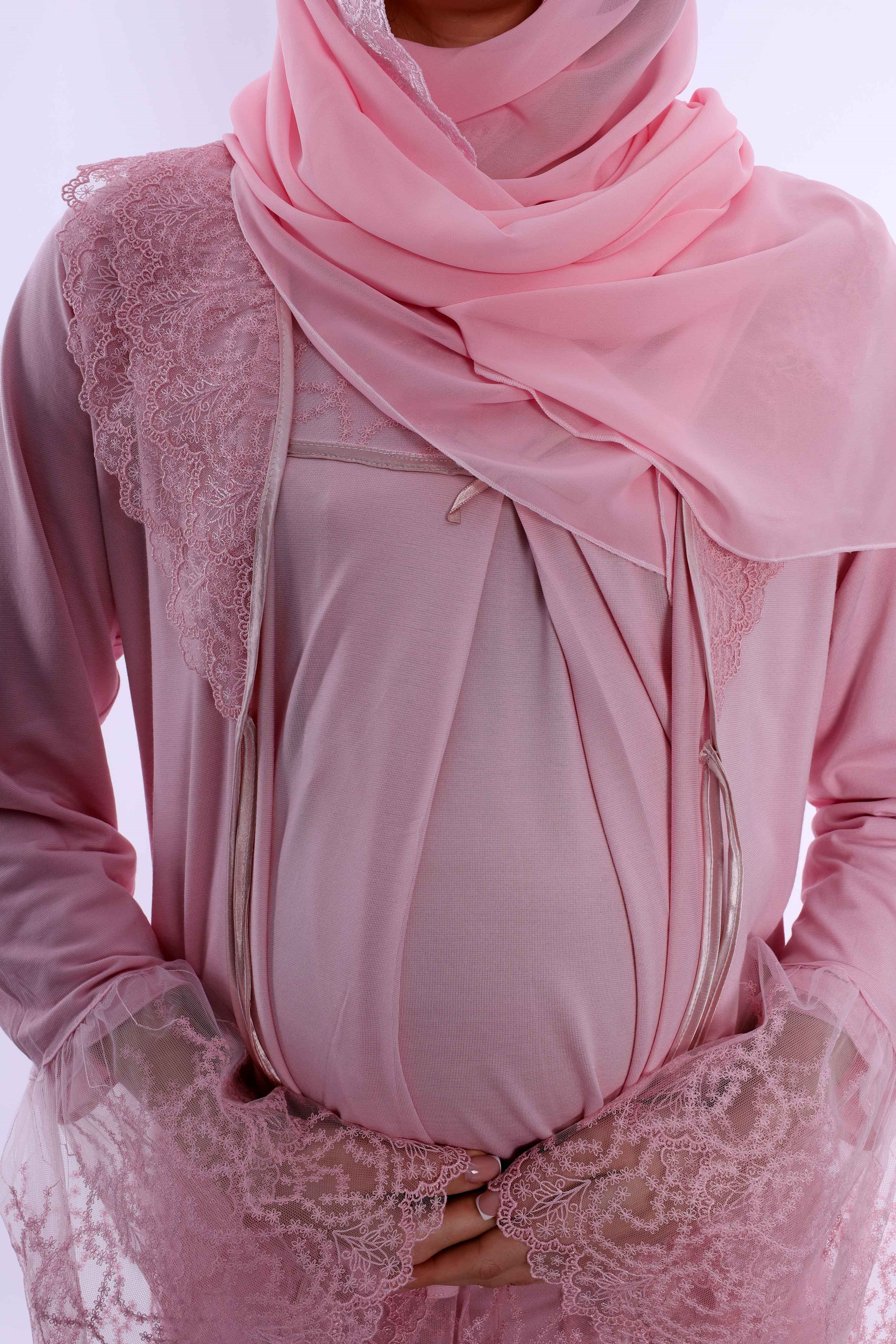 2T70442 Tesettürlü Pamuklu Hamile Lohusa Pijama ve Sabahlık Takımı  - Pembe