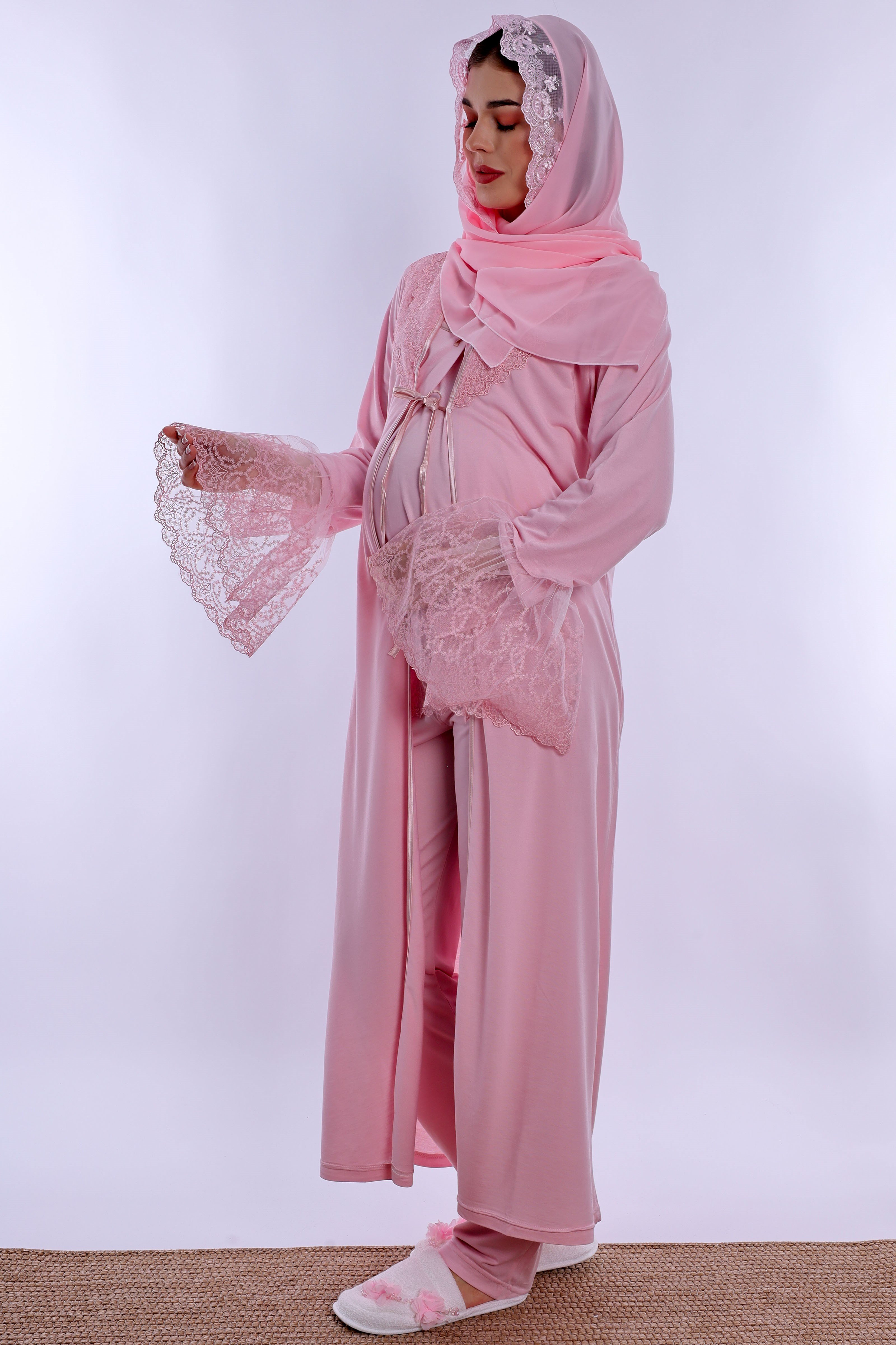 2T70442 Tesettürlü Pamuklu Hamile Lohusa Pijama ve Sabahlık Takımı  - Pembe
